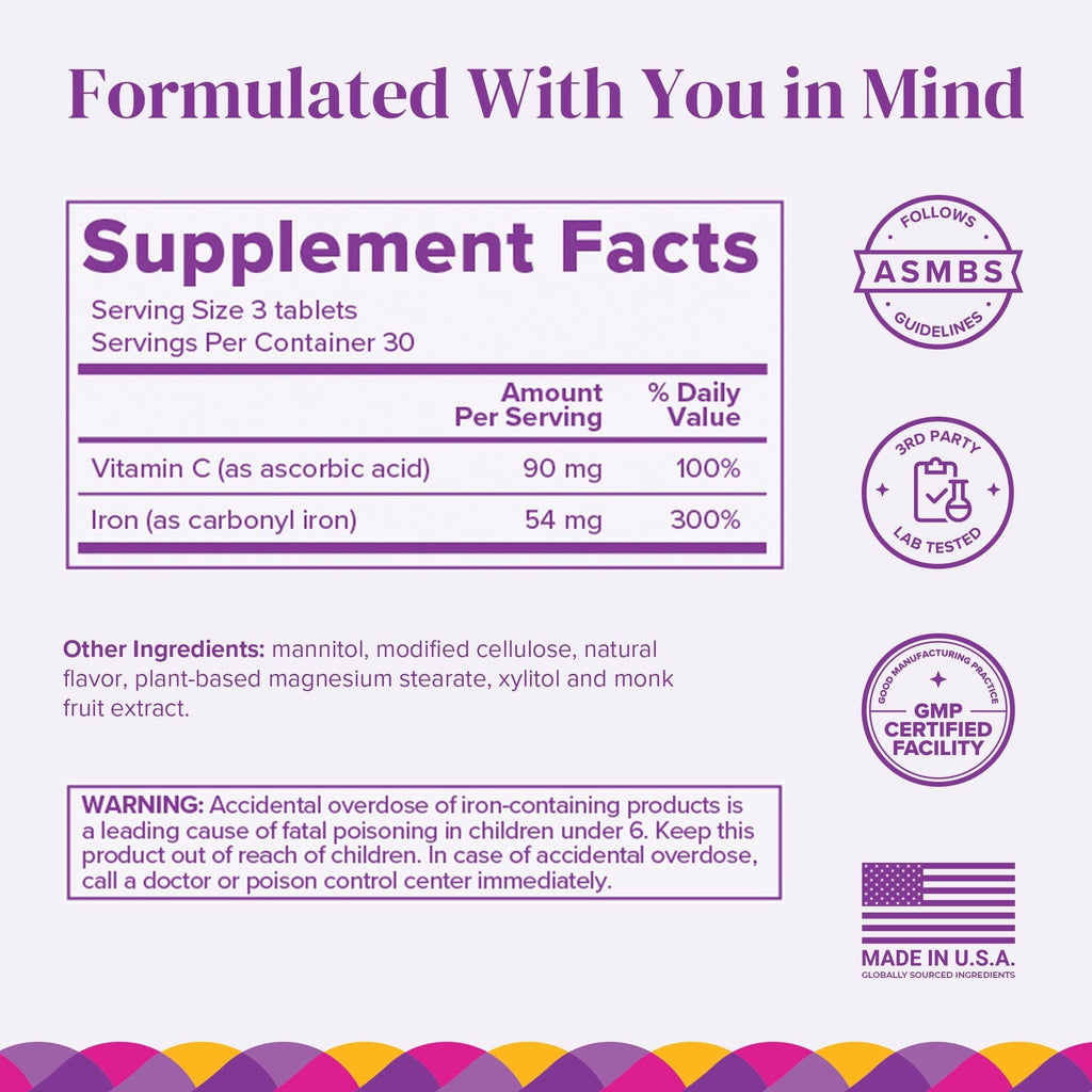 Barimelts Iron with Vitamin C, 180 Fast-Dissolving Tablets (2-Month Supply), Sugar-Free Bariatric Iron Supplement for Women, Natural Orange Flavor