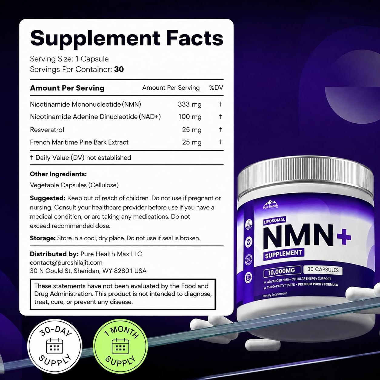 NMN Supplement with NAD+ Resveratrol and French Maritime Pine Bark Extract - NMNH Alternative | NAD Liposomal Supplements for Men and Women - Supports Cellular Energy | 30 Capsules, 1 Months Supply