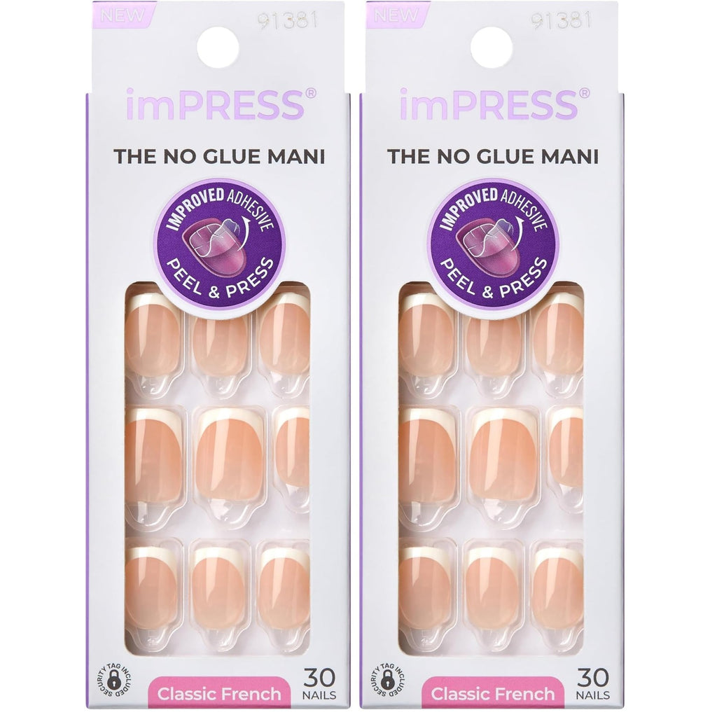 Kiss Impress No Glue Mani Press On Nails, Model, Classic French Manicure Kit, 30 Light Neutral + White Tip, Short Squoval, With IMPROVED Adhesive, Includes Prep Pad, Manicure Stick & Mini File