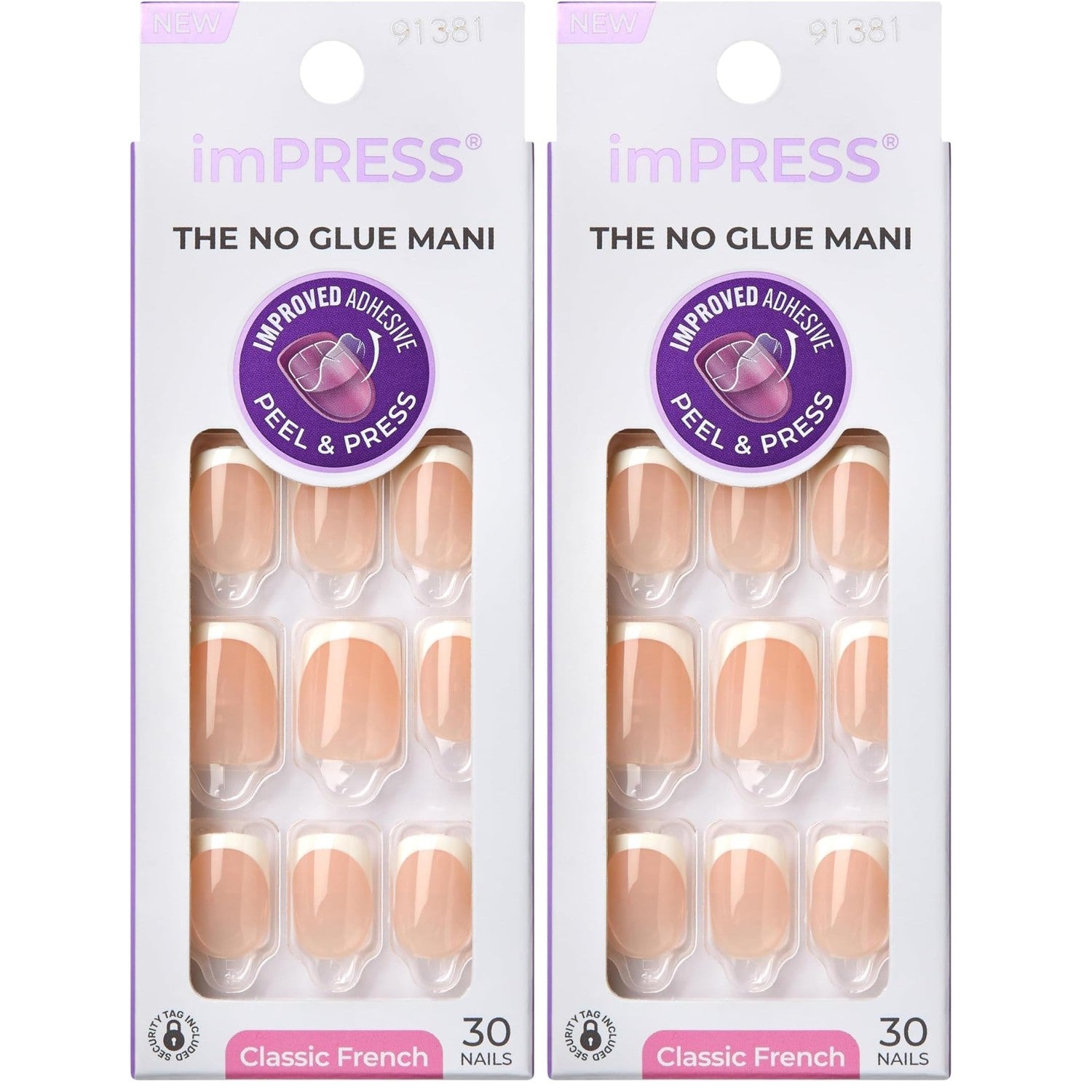 Kiss Impress No Glue Mani Press On Nails, Model, Classic French Manicure Kit, 30 Light Neutral + White Tip, Short Squoval, With IMPROVED Adhesive, Includes Prep Pad, Manicure Stick & Mini File