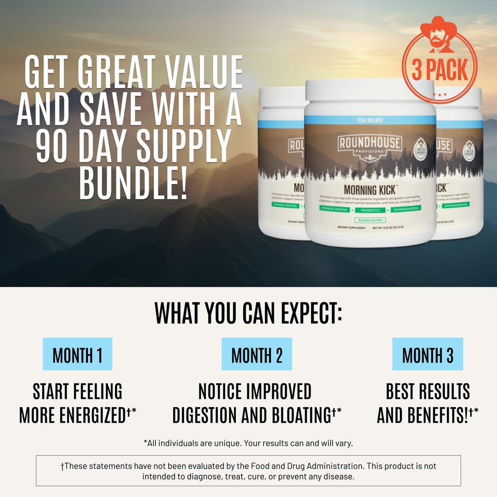 ROUNDHOUSE PROVISION Morning Kick Greens Powder, Watermelon Mint, 3 Pack | Greens Superfood Powder for Gut Health, Sugar Free, Caffeine Free, Ashwagandha, Collagen Peptides, Probiotics, Chuck Norris