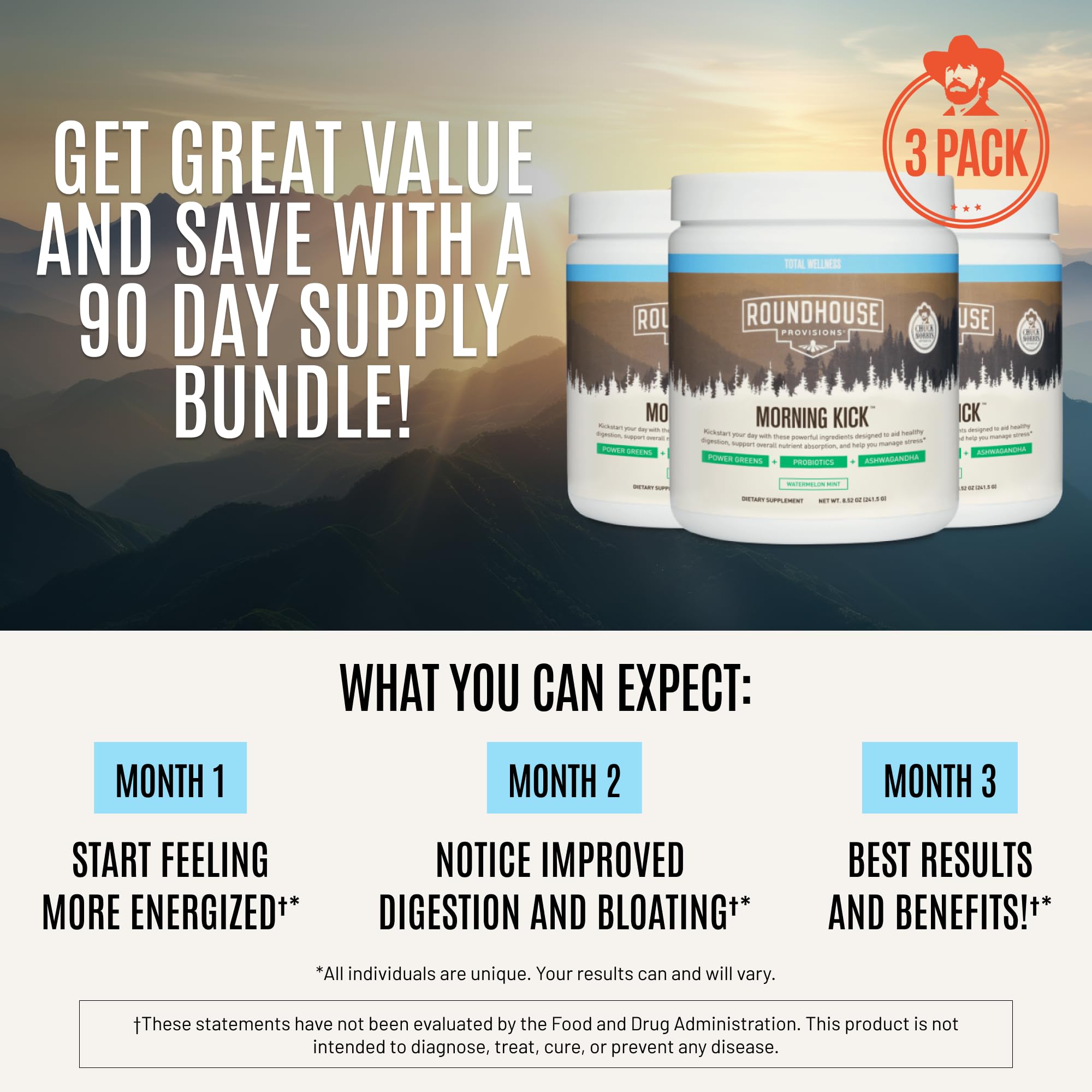 ROUNDHOUSE PROVISION Morning Kick Greens Powder, Watermelon Mint, 3 Pack | Greens Superfood Powder for Gut Health, Sugar Free, Caffeine Free, Ashwagandha, Collagen Peptides, Probiotics, Chuck Norris