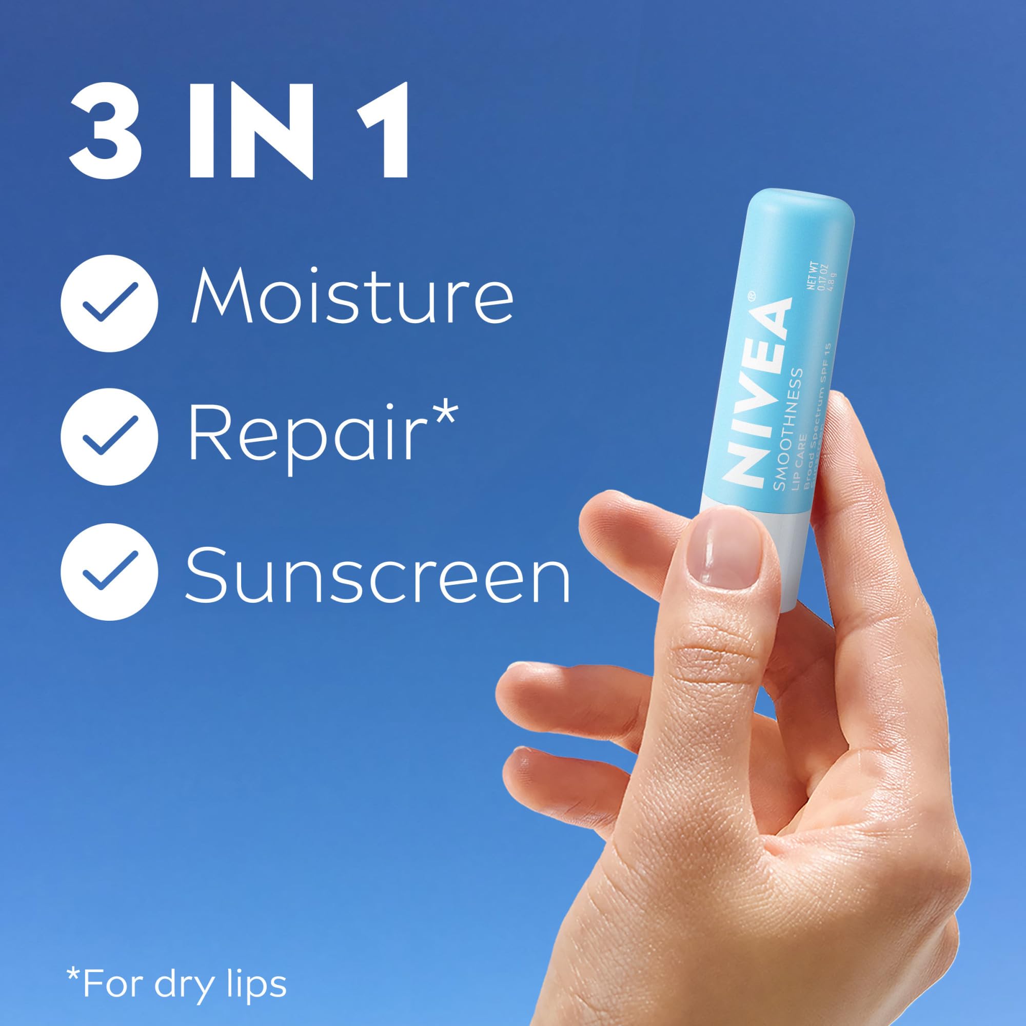 NIVEA Smoothness Lip Care, Sunscreen Lip Balm with SPF 15, 4 x 0.17 OZ | Sunscreen Lip Balm with SPF 15, Shea Butter, Nourishing Oils and Vitamins, 3-in-1 Moisture, Repair Dry Lips and Sunscreen