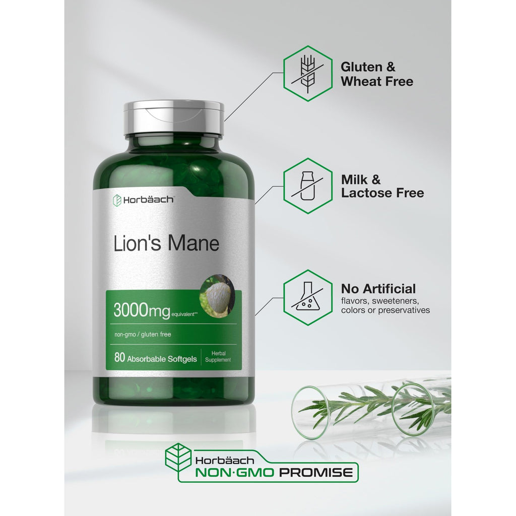 Horbäach Lions Mane Mushroom Supplement | 80 Softgel Capsules | Non-GMO & Gluten Free Extract Formula