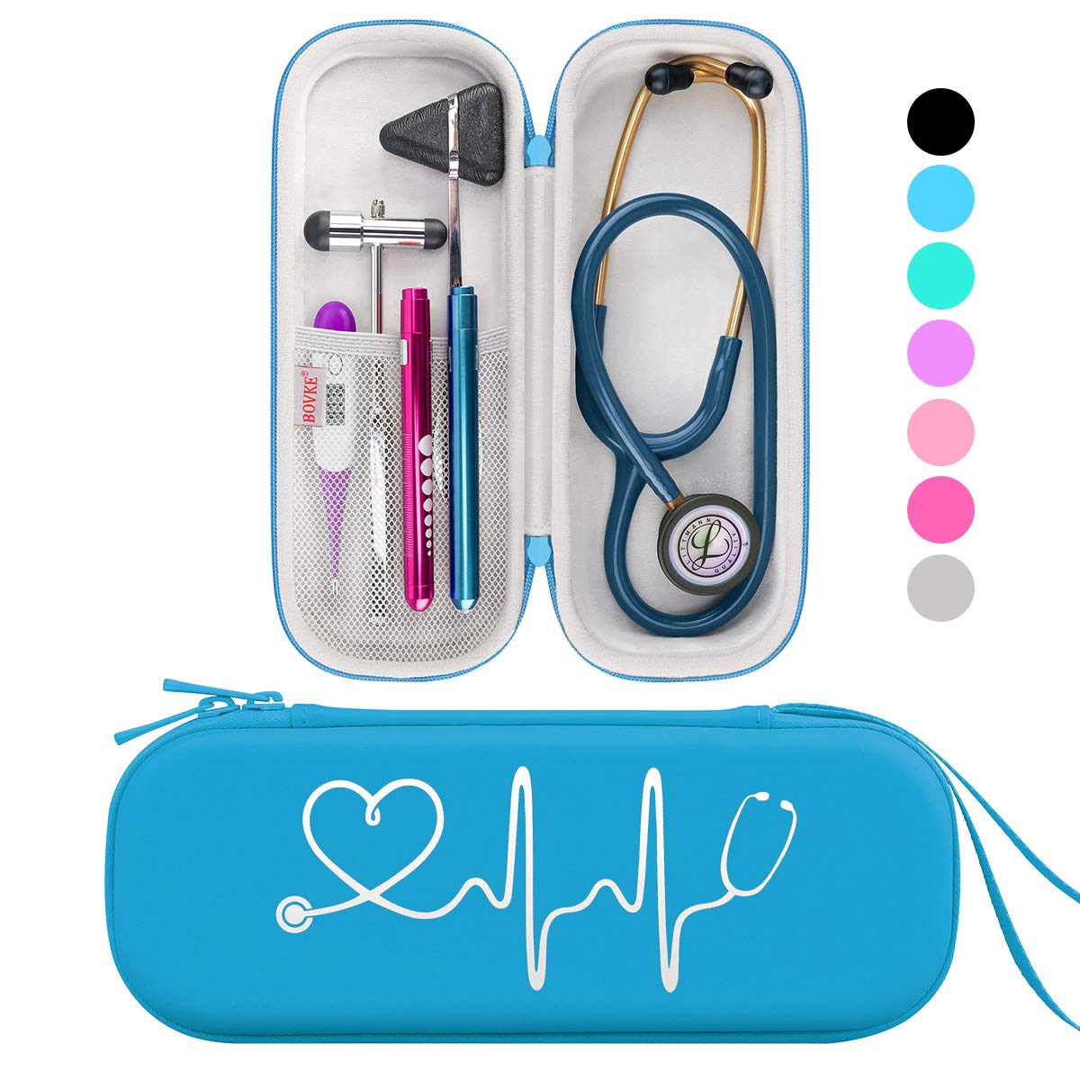 Buy now BOVKE Stethoscope Case for 3M Littmann Classic III, Lightweight II S.E, MDF Acoustica Deluxe Stethoscopes - Extra Room for Medical Bandage Scissors EMT Trauma Shear and LED Penlights, Black Pu Leather_Turquoise at indiglob india