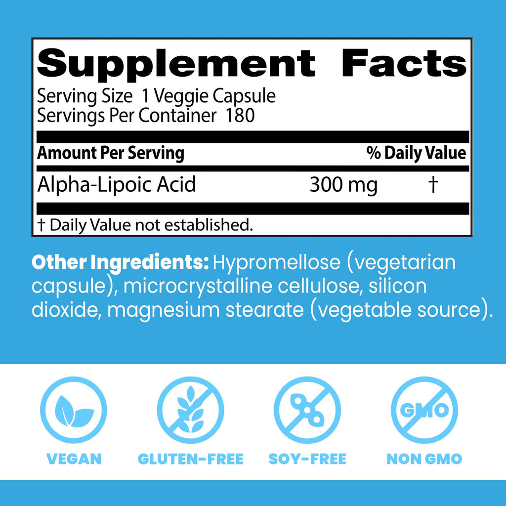 Doctor's Best Alpha Lipoic Acid Supplement 300mg - Alpha-Lipoic Acid Caps for Men & Women, ALA Antioxidant Support for Nerve Health, Aids in Cellular Function, Non GMO, Gluten Free - 180 Veg Capsules
