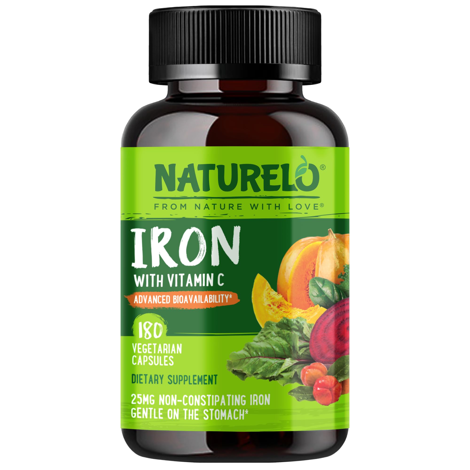 NATURELO Vegan Iron Supplement with Vitamin C & Organic Whole Foods, 90 Ct | Gentle Iron Capsules for Women & Men with this Mineral Deficiency - Including Pregnancy, Anemia and Vegan Diets