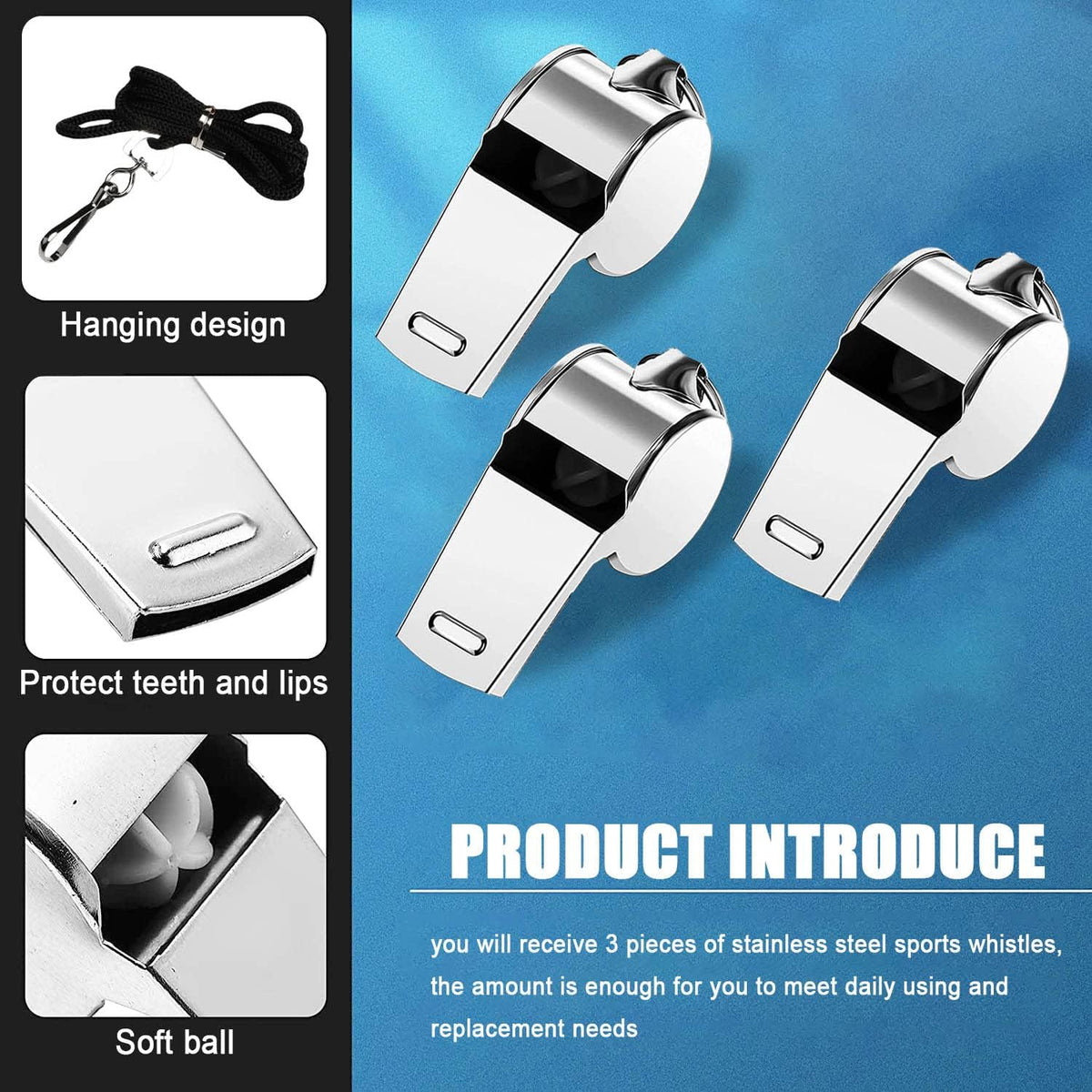 Whistle for Coaches,Whistle with Lanyard for Coaches Teachers Referees Emergency Outdoor Sports(3 Pcs Loud Stainless Steel)