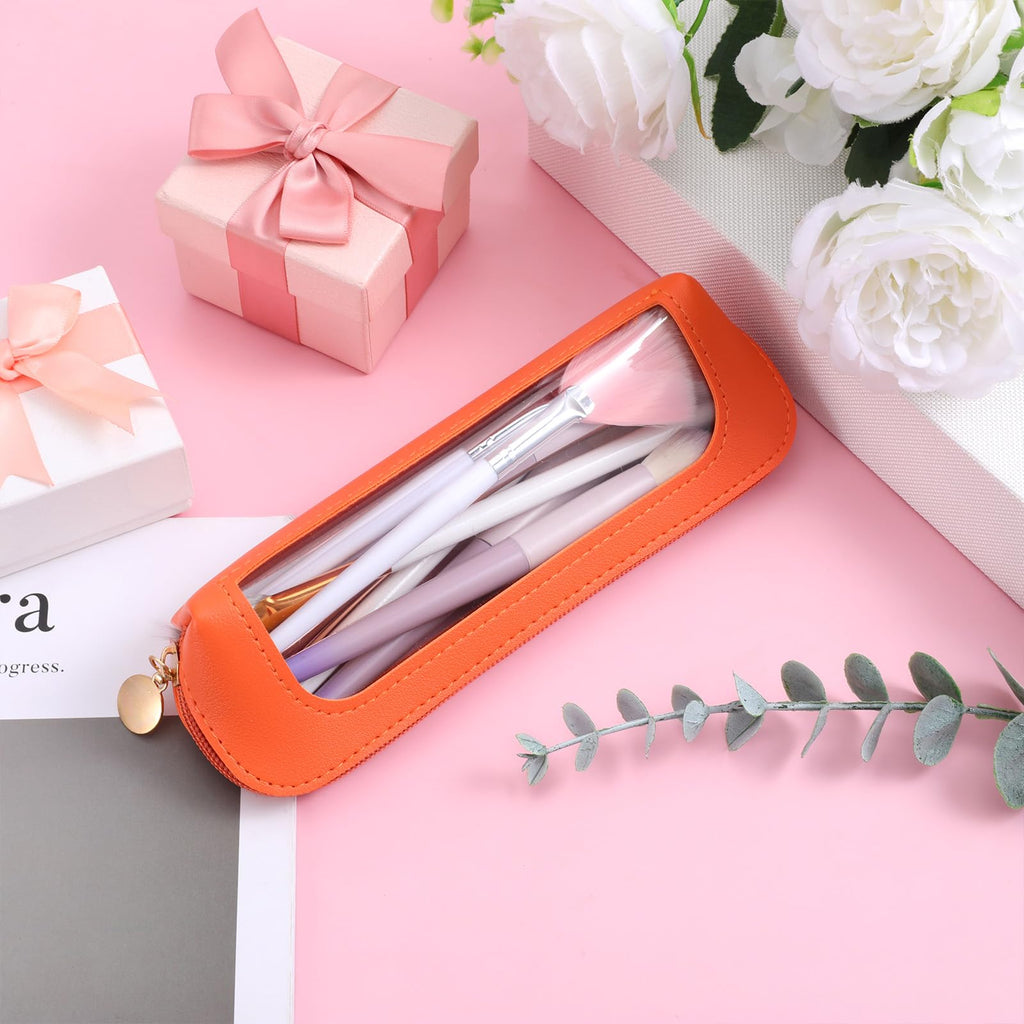 Psyqtsuary Small Clear Makeup Bag, PU leather, features a transparent panel, perfect for organizing cosmetics. Premium imported design.