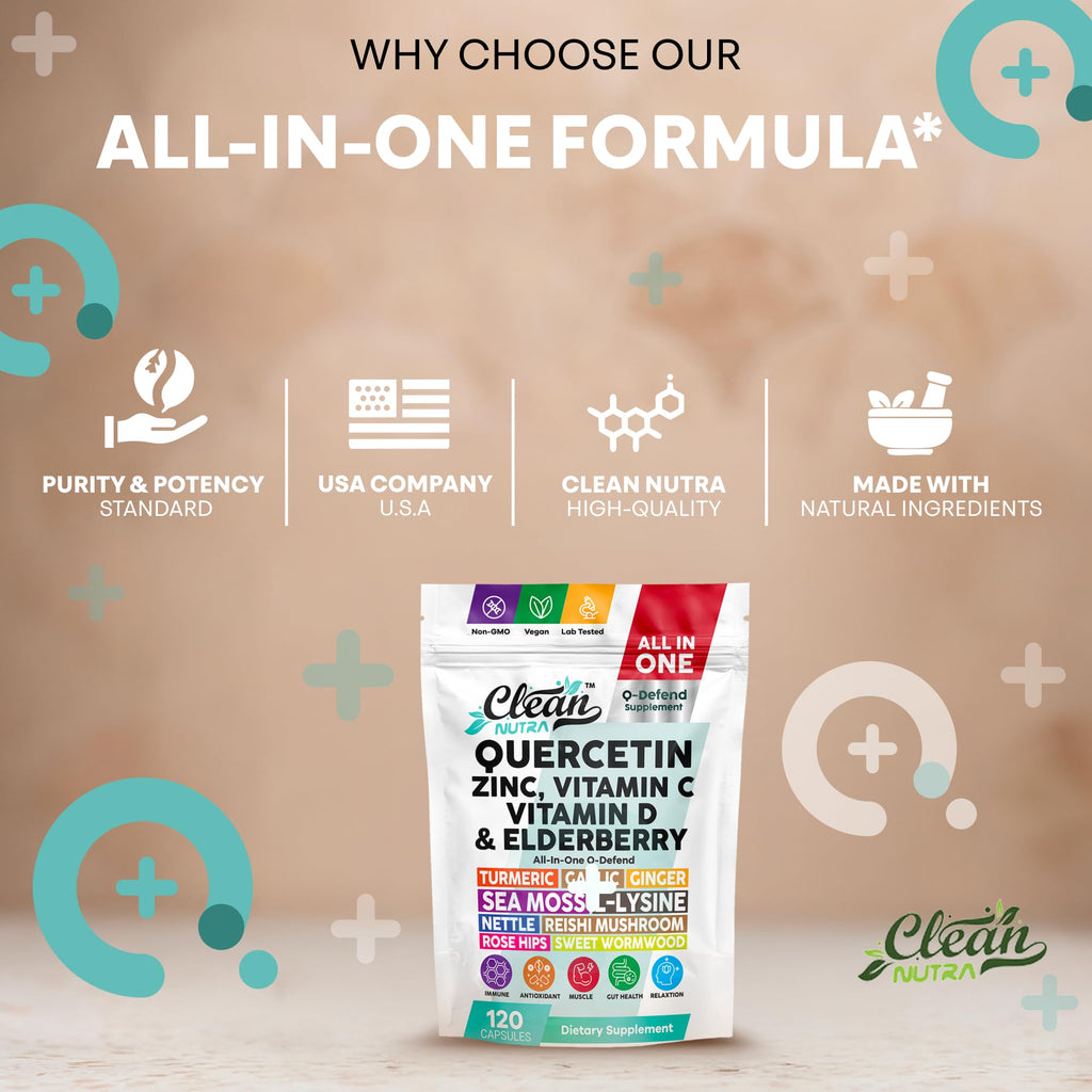 Q Defend Quercetin Supplement with Zinc Vitamin C Vitamin D Elderberry Turmeric Black Pepper Garlic Ginger Sea Moss Lysine Stinging Nettle Reishi Mushroom Immune Support 120 Capsules by Clean Nutra