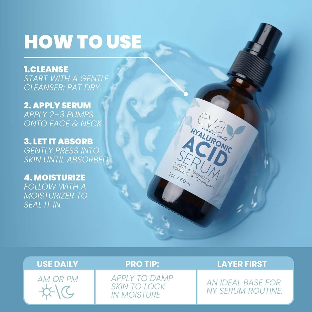 Buy now Eva Naturals Hyaluronic Acid Serum for Face â€“ Pure Facial Gel with Natural Moisturizing Factors + HA â€“ Anti-Aging Face Serum for Wrinkles, Fine Lines, Dry Skin, Lifted Glow â€“ 2 oz at indiglob india