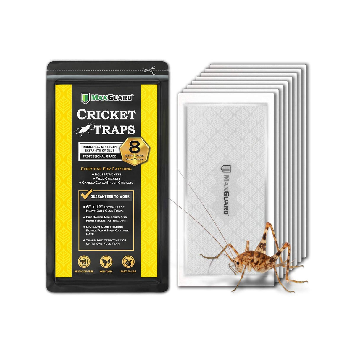 MaxGuard Extra Large Cricket Traps (8 Traps) | Non-Toxic Extra Sticky Glue Board Pre-Baited Cricket Attractant Trap & Kill House Crickets, Insects, Spiders, Bugs