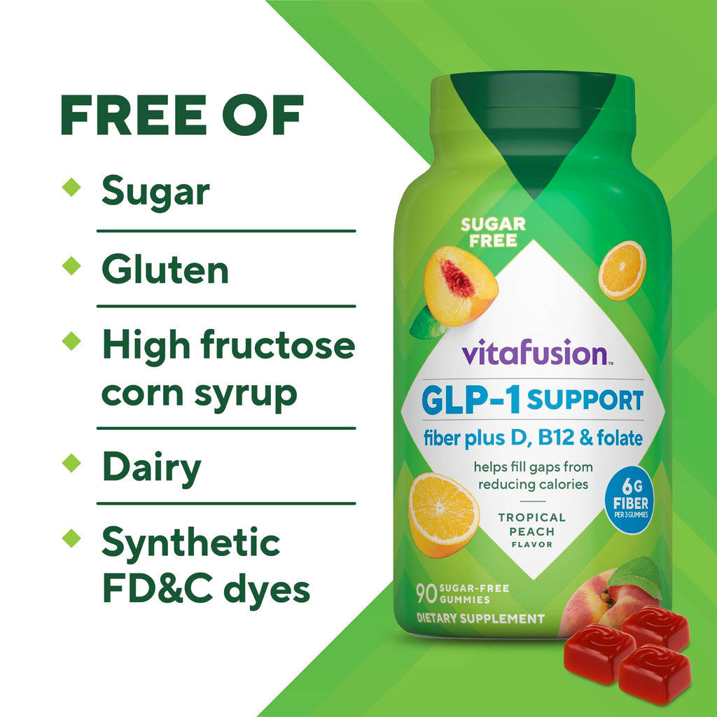 Vitafusion GLP1 Gummy Supplement | 90 Sugar Free Gummies | Vitamin & Mineral Blend with Fiber, D3, B12, and Folate | for Women & Men | Tropical Peach Flavor | Gluten Free Formula
