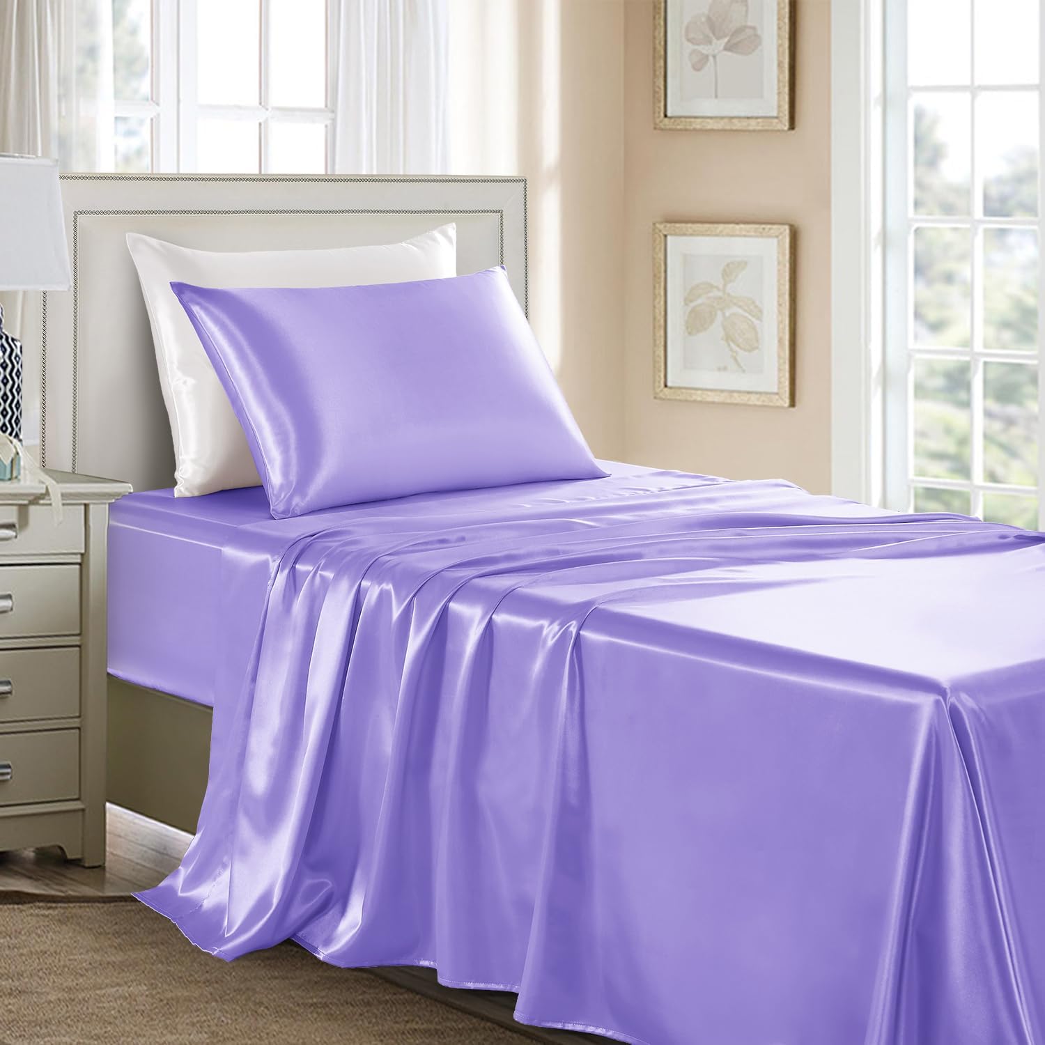 Buy now Satin Sheets King Size - 4 Pieces Luxury Silky Soft Bed Sheets, Wrinkle-Free Gold Satin Silk Sheet Set with 1 Deep Pocket Fitted Sheet, 1 Flat Sheet, 2 Pillow Cases Twin XL Lavender at indiglob india