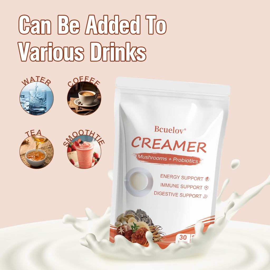 Mushroom Coffee Creamer,Superfood Creamer Powder with 6 Adaptogenic Mushrooms & Probiotics for Energy, Focus, Digestion - 30 Servings