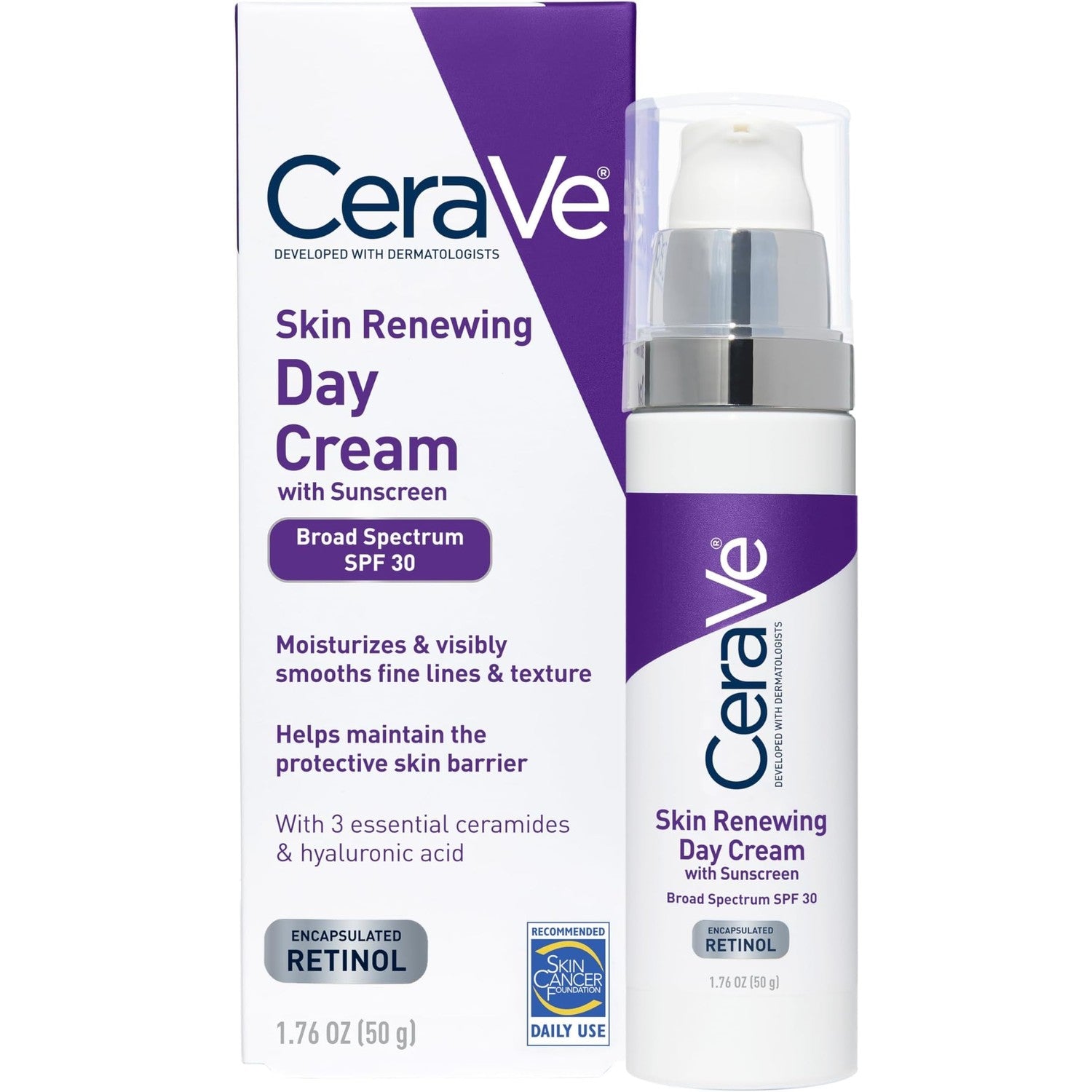 CeraVe Day Cream, Anti-Aging Retinol Face Moisturizer with SPF 30, 1.76oz | Skin Care, Anti Aging Face Cream with SPF 30 and Hyaluronic Acid Hydrates & Uses Encapsulated Retinol To Smooth Skin Texture
