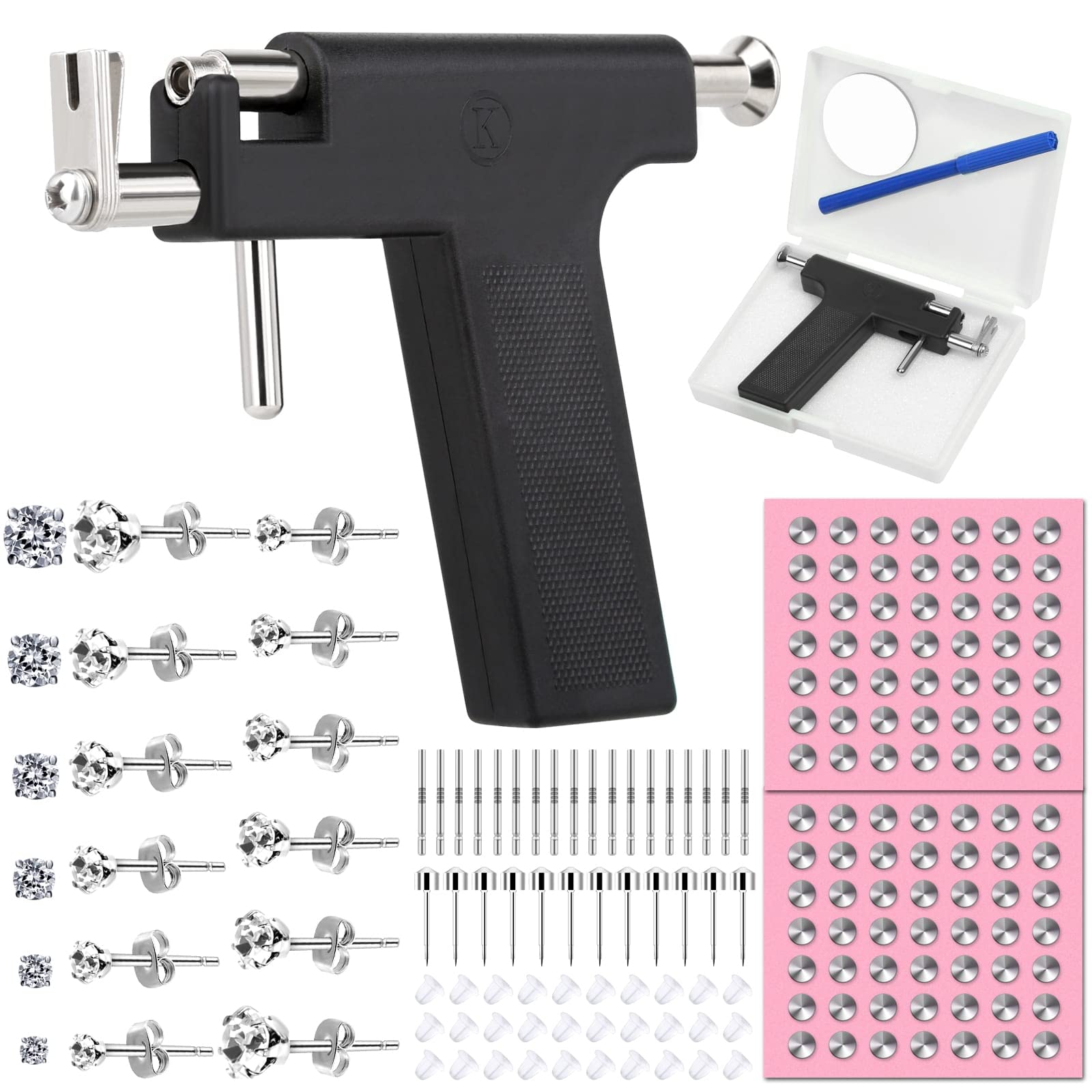 Ear Piercing Gun with Piercing Tools Kit, Professional Ear Nose Piercing Gun Machine with Stainless Steel Piercing Studs, Crystal Earrings Set for At Home Salon Earlobe Cartilage Helix Tragus Piercing