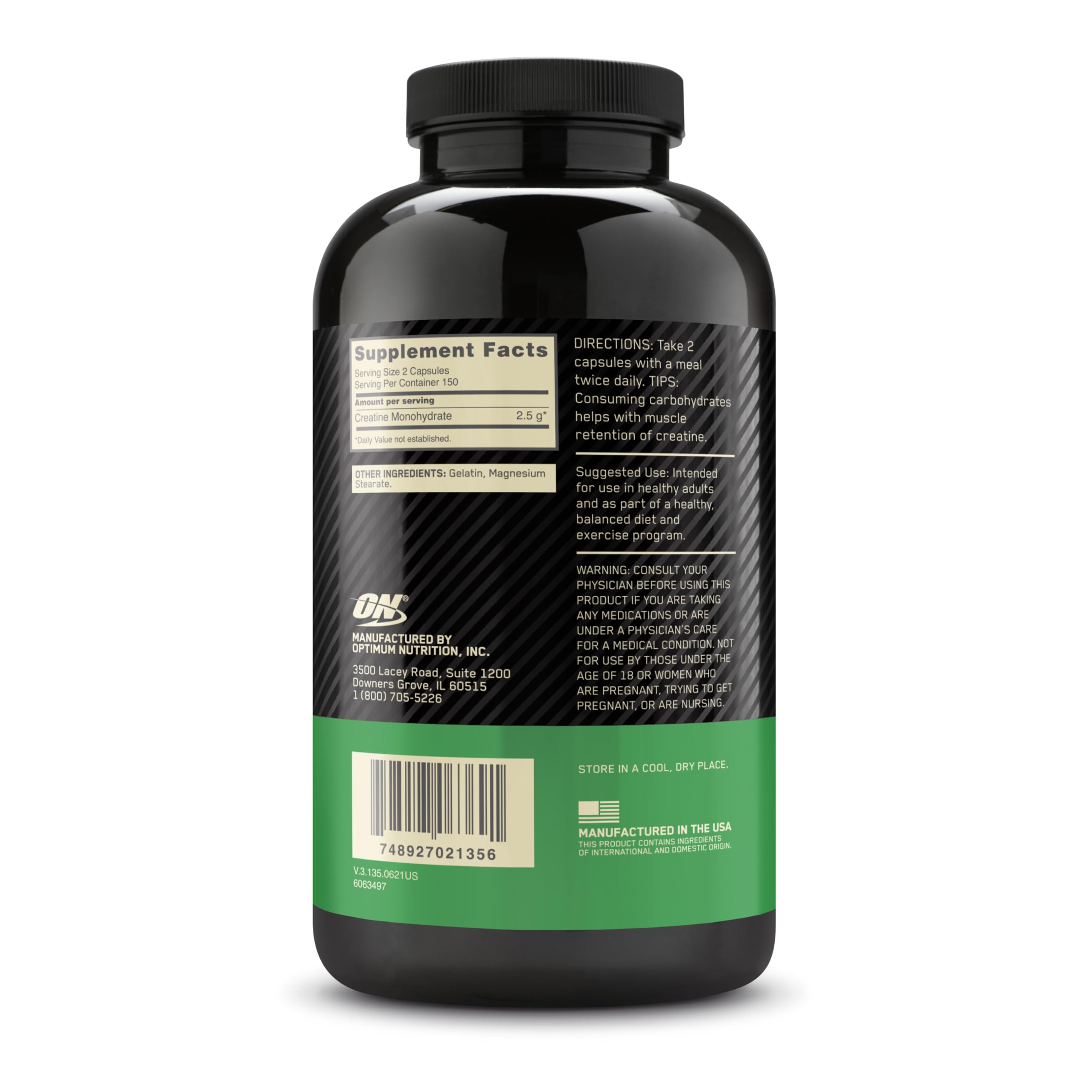 Optimum Nutrition Creatine, Micronized Creatine Monohydrate Capsules, Supports Strength & Recovery, Banned Substance Tested, 2.5g per Serving, 150 Servings, 300 Count