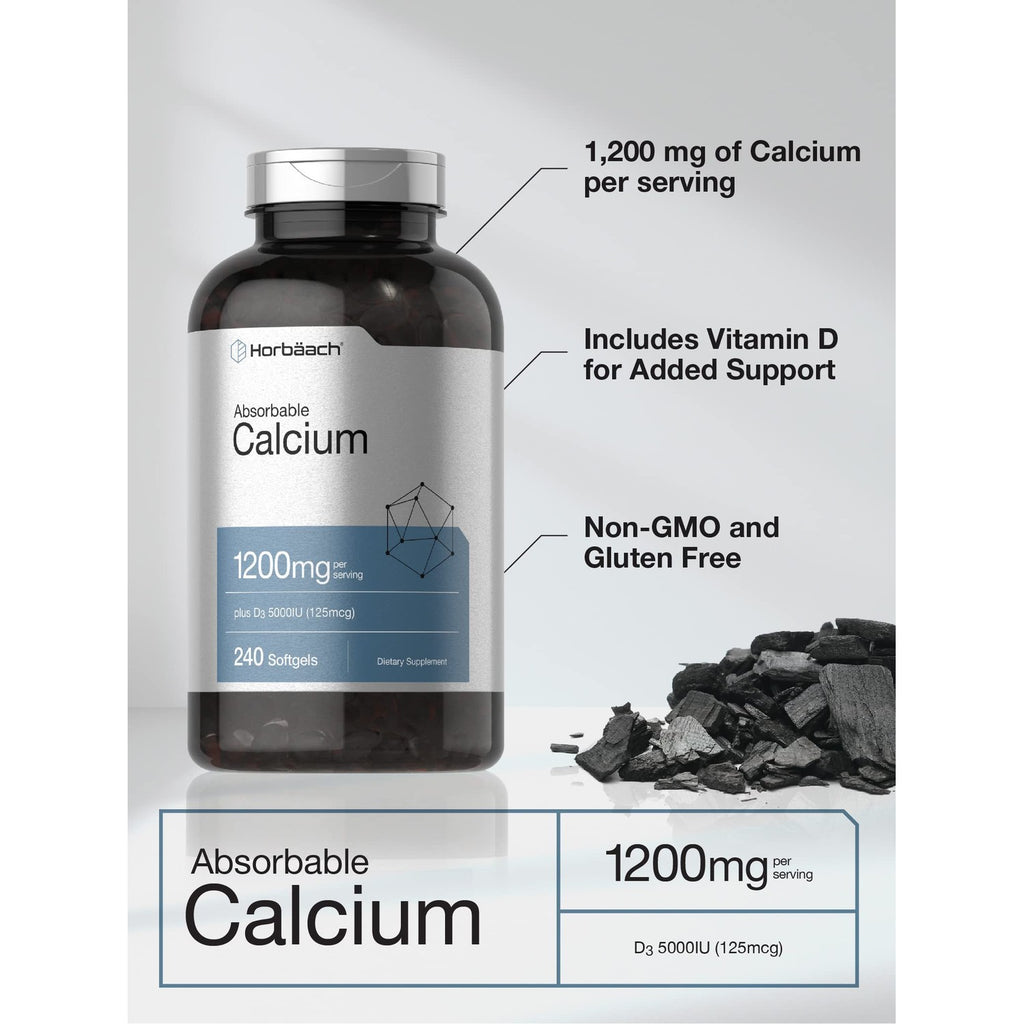 Horbäach Calcium 1200 mg with Vitamin D3 | 240 Softgels | 5000IU Vitamin D3 | Absorbable Calcium Supplement for Women and Men | Non-GMO, Gluten Free