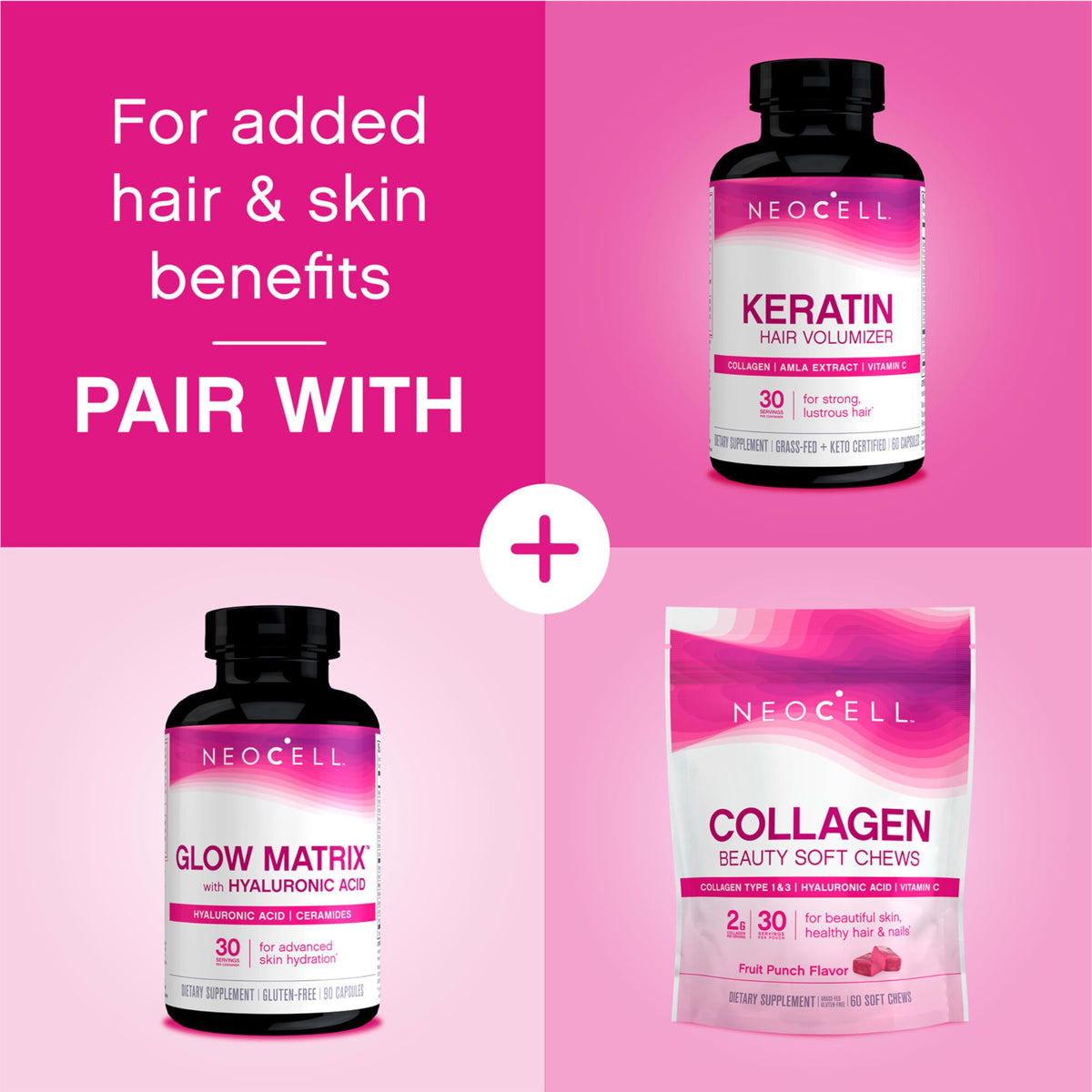 NeoCell Collagen Peptides Soft Chews | 60 Chewables | Beauty Bursts Supplement | with Hyaluronic Acid | Hair, Skin, & Nails | Fruit Punch Flavor