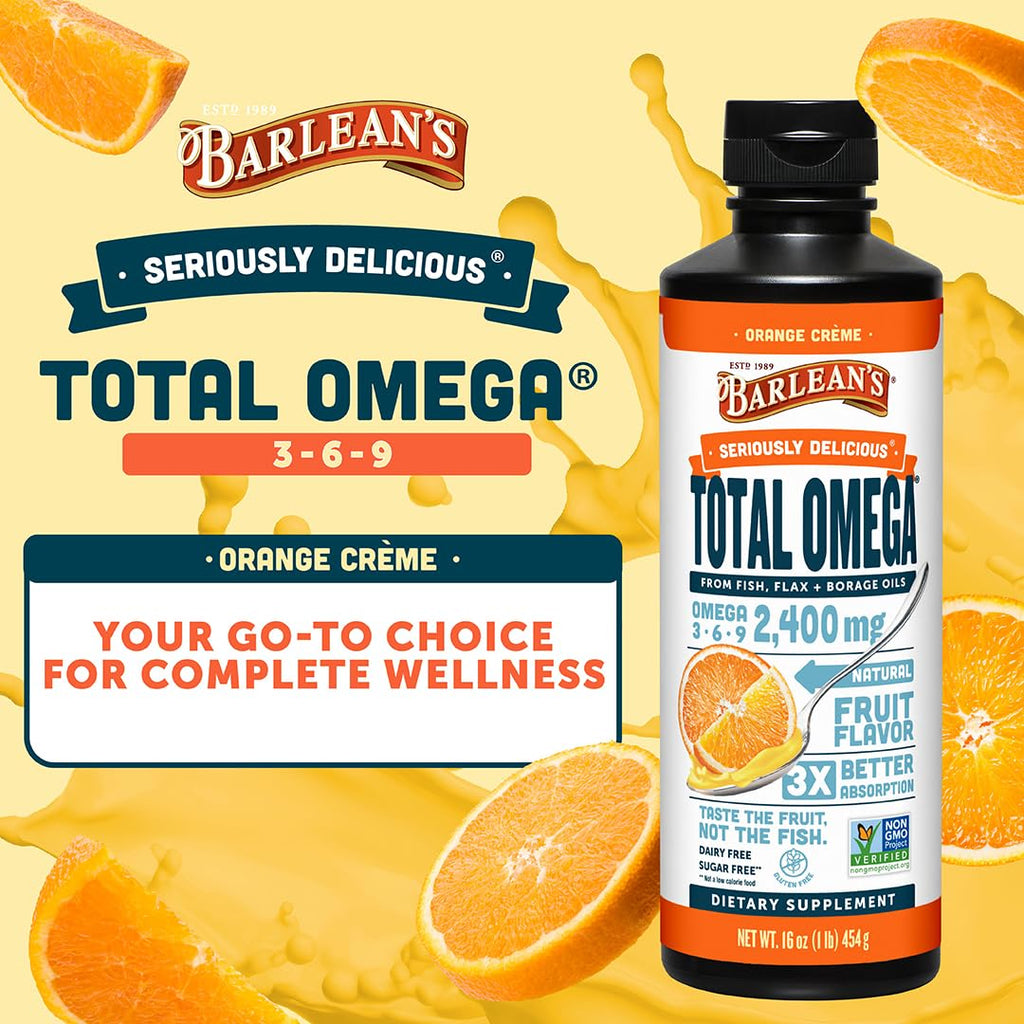 Barlean's Orange Creme Omega 3-6-9 Liquid Fish Oil, 2400mg Omegas,16oz | Fish, borage & flax oils, EPA DHA ALA GLA omegas, Burpless, Non-GMO, Gluten-free, Heart, joint & skin support