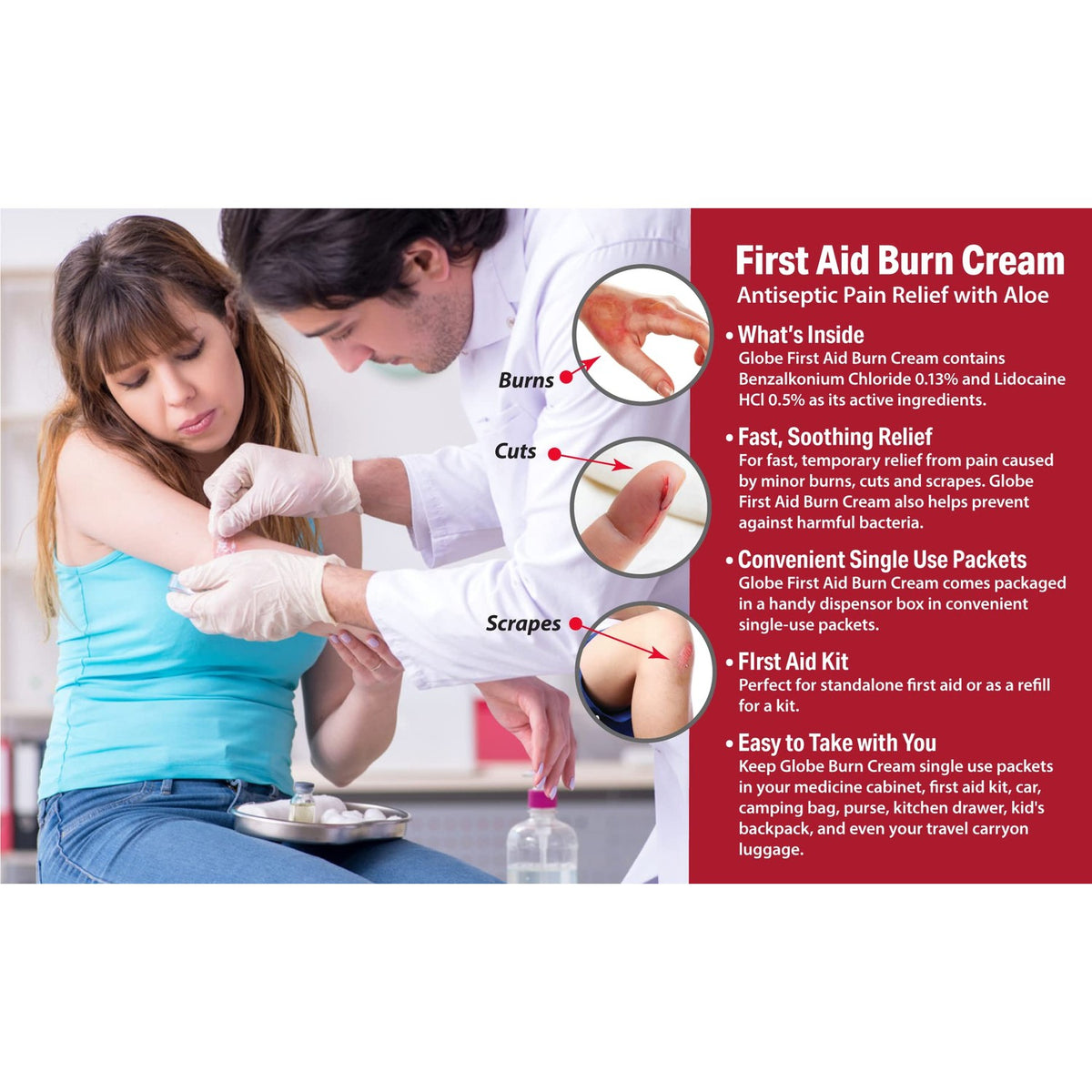 Globe First Aid Burn Cream, Aloe Formula, 0.9 g, Box of 144