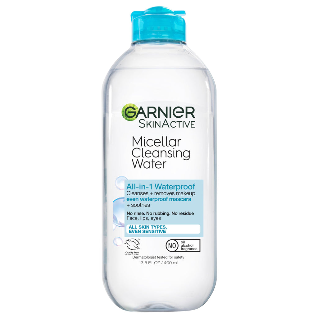 Buy now Garnier Micellar Water for Waterproof Makeup, Hydrating Facial Cleanser & Makeup Remover, Suitable for Sensitive Skin, Vegan, Cruelty Free, 13.5 Fl Oz (400mL), 2 Count at indiglob india