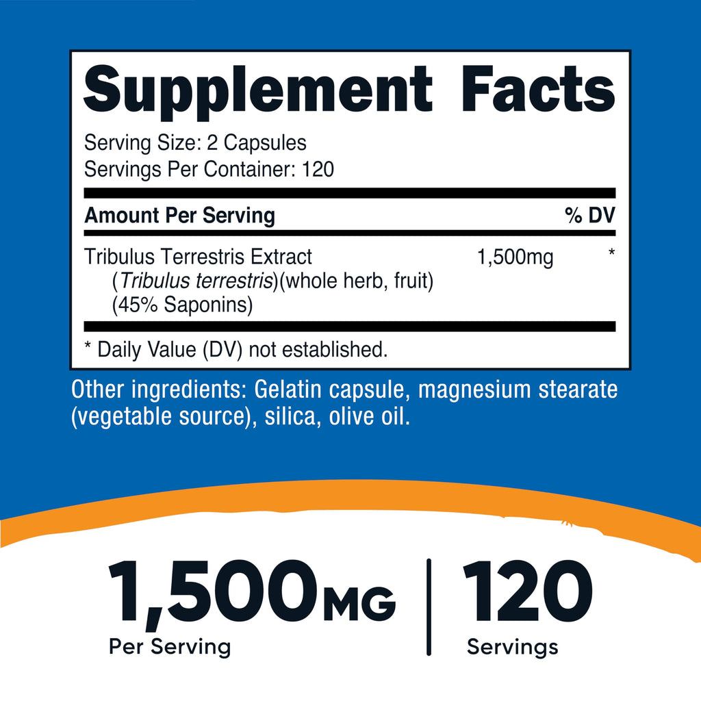 Nutricost Tribulus Terrestris Extract 1500mg, 240 Capsules, 45% Saponins | 120 Servings, Gluten Free, GMO-Free
