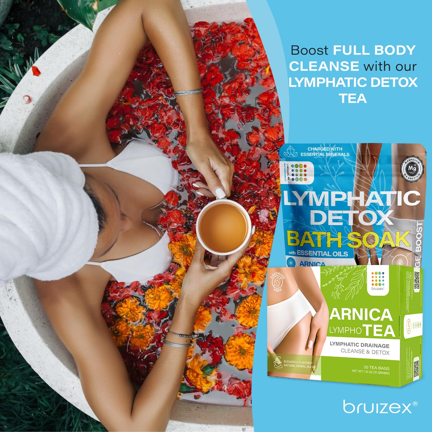 Bruizex Arnica Montana Bath Salts, Epsom Salt Bath Soak with Magnesium, 1lb | Infused with six essential oils; for lymphatic drainage, body detox, foot soaks and post-surgery swelling