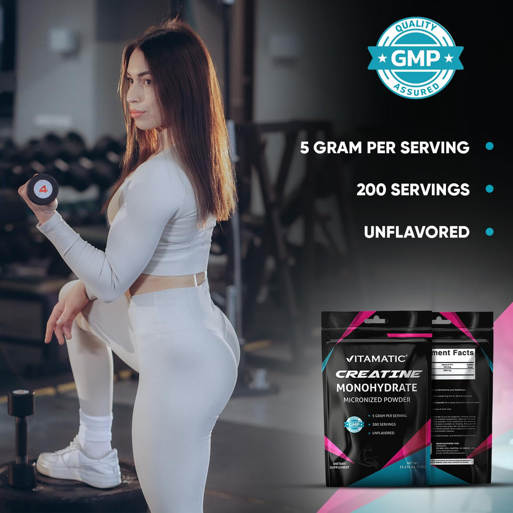 Vitamatic Creatine Monohydrate Powder – 5000 mg Per Serving, 1 kg, Unflavored, Micronized Creatine Supplement, Vegan, Non-GMO, Gluten Free