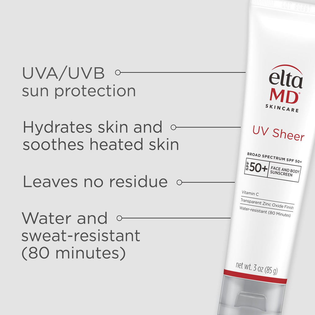 EltaMD UV Sheer Face and Body Sunscreen SPF 50+,Oil Free,No White Cast Sunscreen for Face and Body,Zinc Oxide Formula,3.0 oz Tube,(Pack of 2)