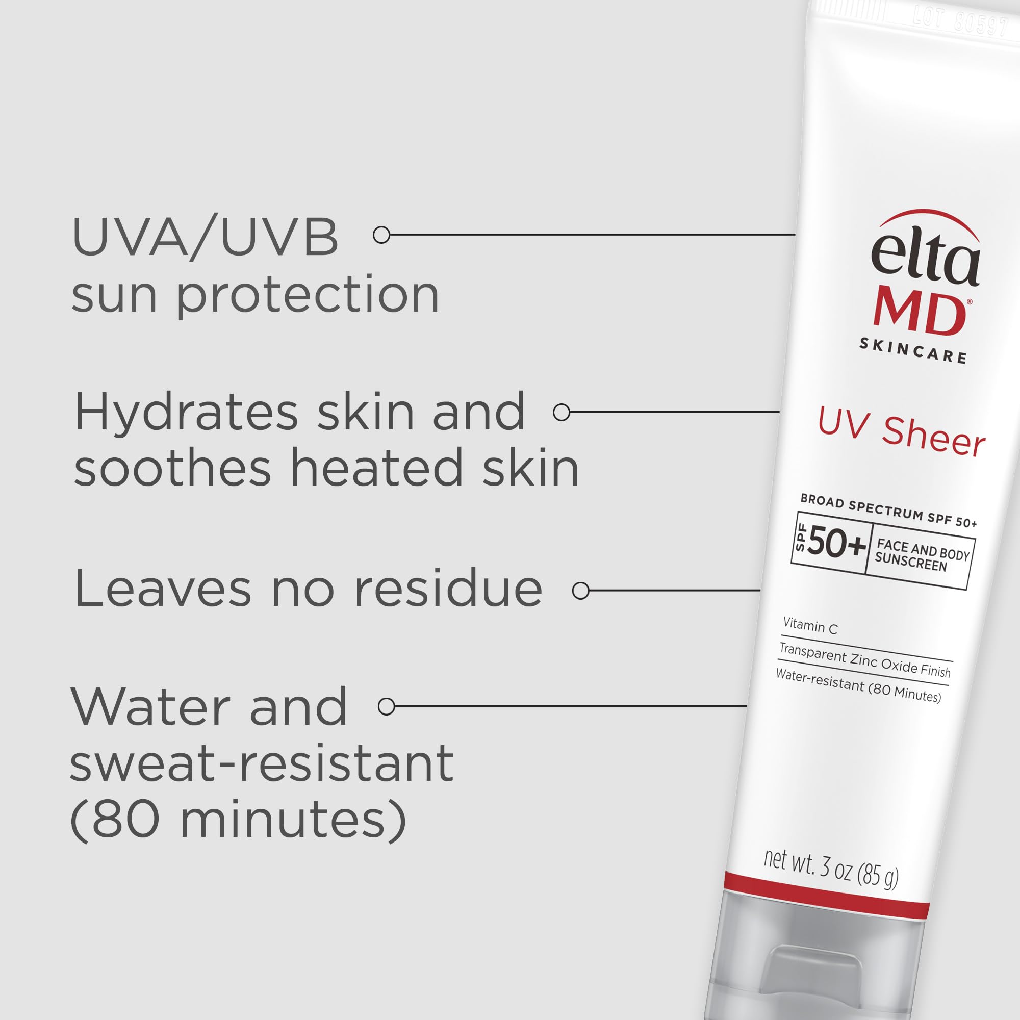 EltaMD UV Sheer Face and Body Sunscreen SPF 50+,Oil Free,No White Cast Sunscreen for Face and Body,Zinc Oxide Formula,3.0 oz Tube,(Pack of 2)
