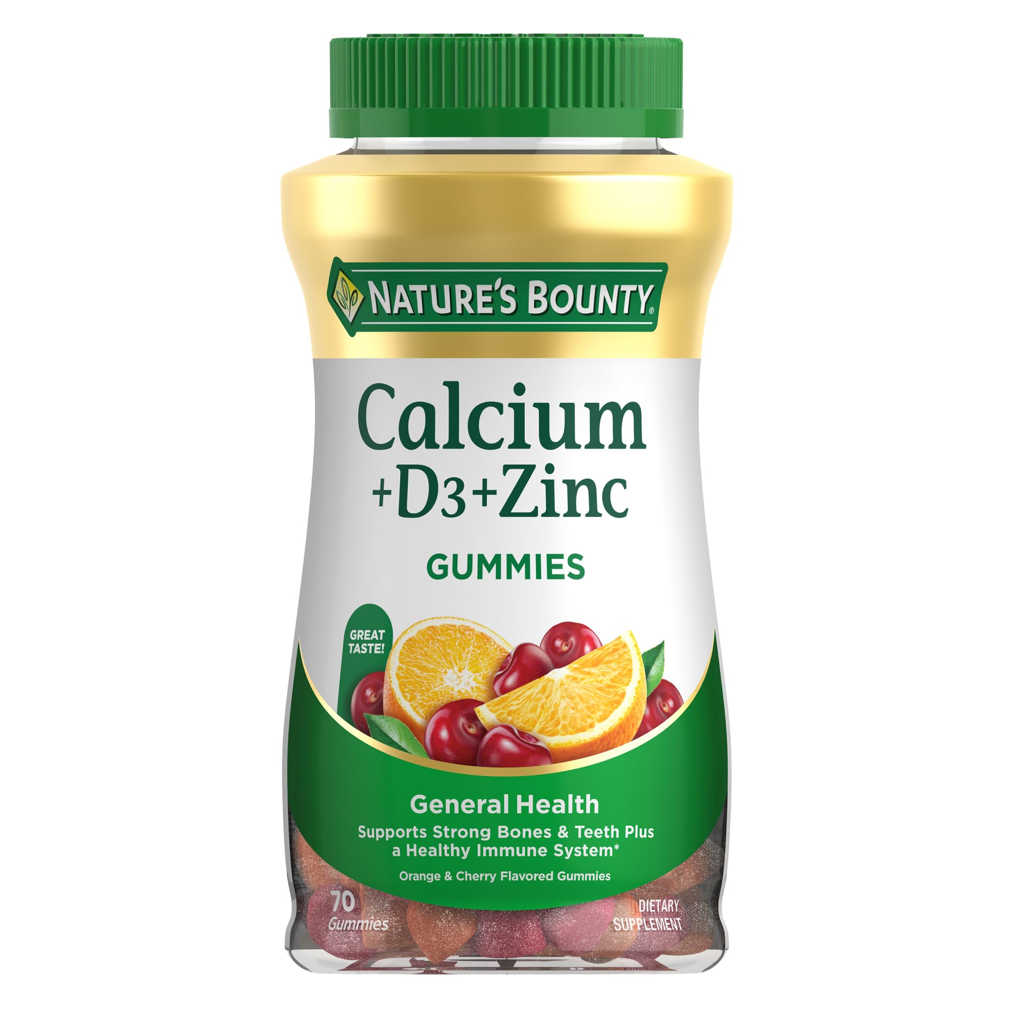 Nature's Bounty Calcium + D3 + Zinc Gummies, 500mg, 70ct | Orange & Cherry, Supports Strong Bones & Teeth, Healthy Immune System