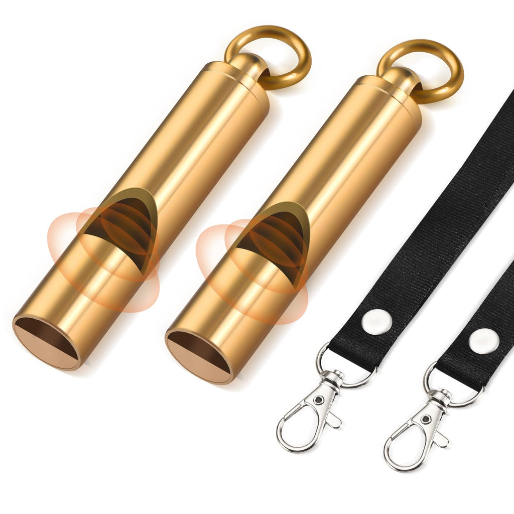 Brass Emergency Whistles 2 Pack with Tangle-Free Lanyard - Pealess Safety Whistle Survival Loud Blast for Kayak Life Vest, Boating, Camping Hiking, Hunting, Adults