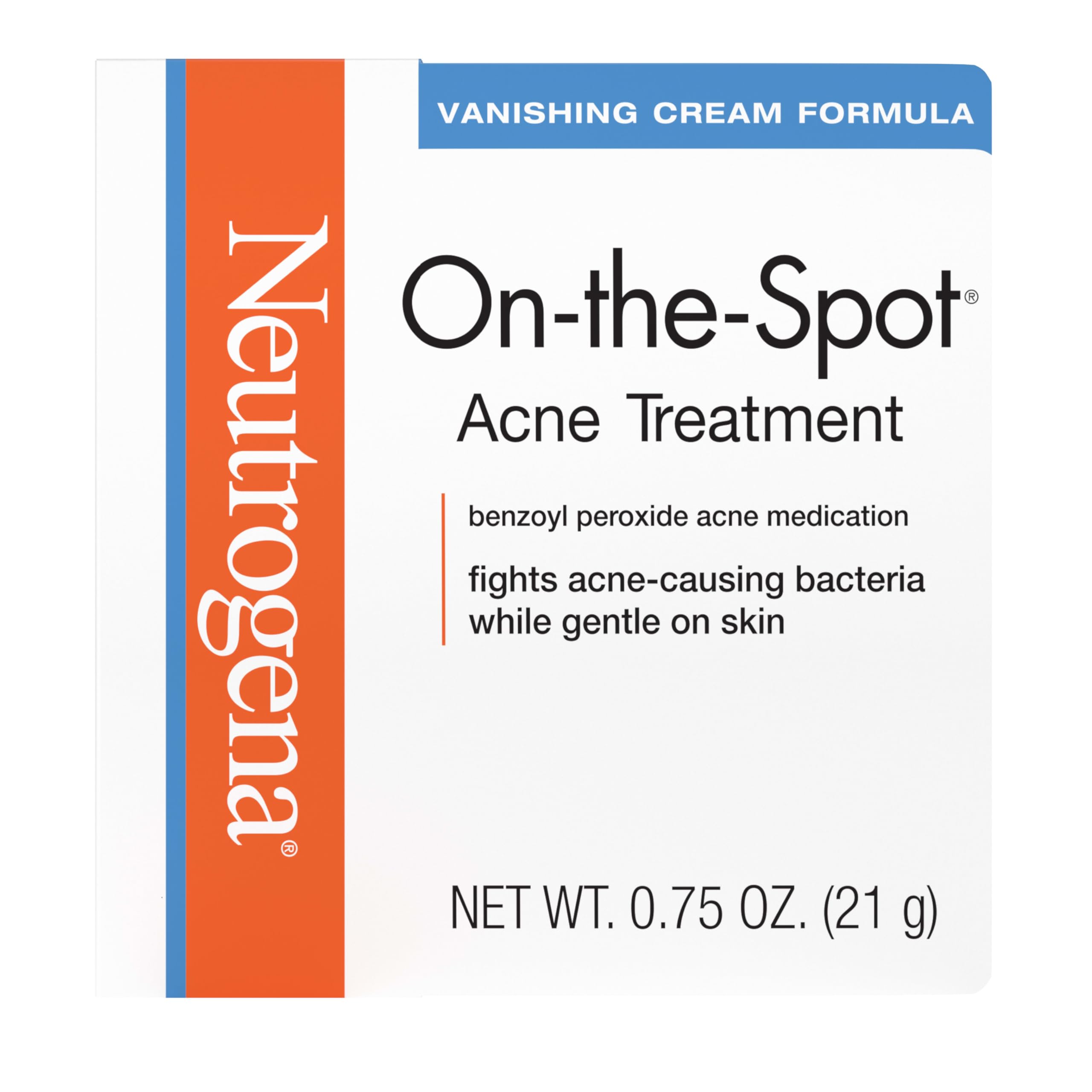 Neutrogena On-The-Spot Acne Spot Treatment Cream, 0.75 oz | 2.5% Benzoyl Peroxide, Gentle Blemish Medicine, Acne-Prone Skin, Vanishing Formula, Clinically Proven Day-1 Results