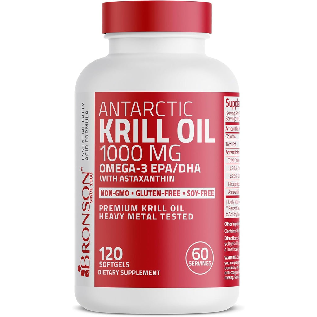 Buy now Bronson Antarctic Krill Oil 1000 mg with Omega-3s EPA, DHA, Astaxanthin and Phospholipids 120 Softgels at indiglob india