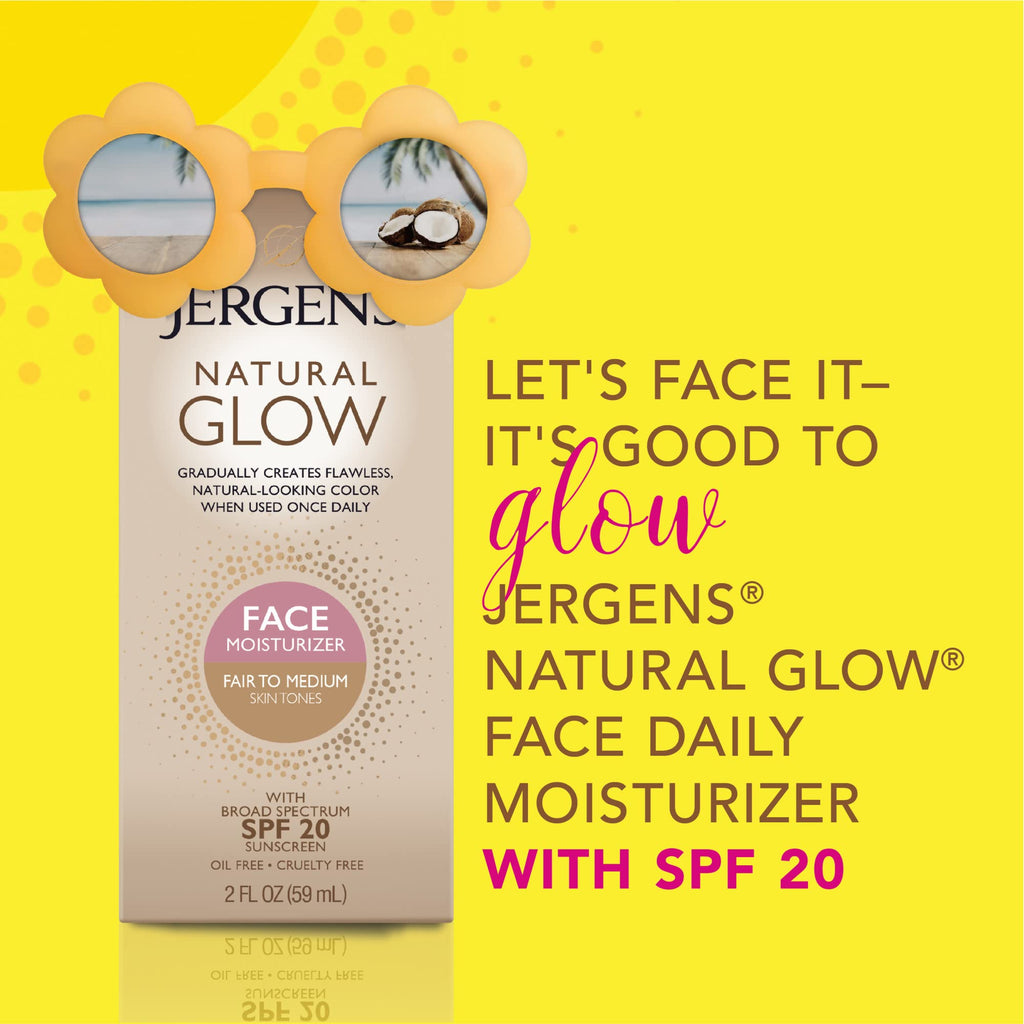 Jergens Natural Glow Face Self Tanner Lotion SPF 20, Fair To Medium, 2 oz | Sunless Tanning, Daily Facial Sunscreen, Oil Free Formula, Broad Spectrum UVA/UVB Protection, Gradual Color Development