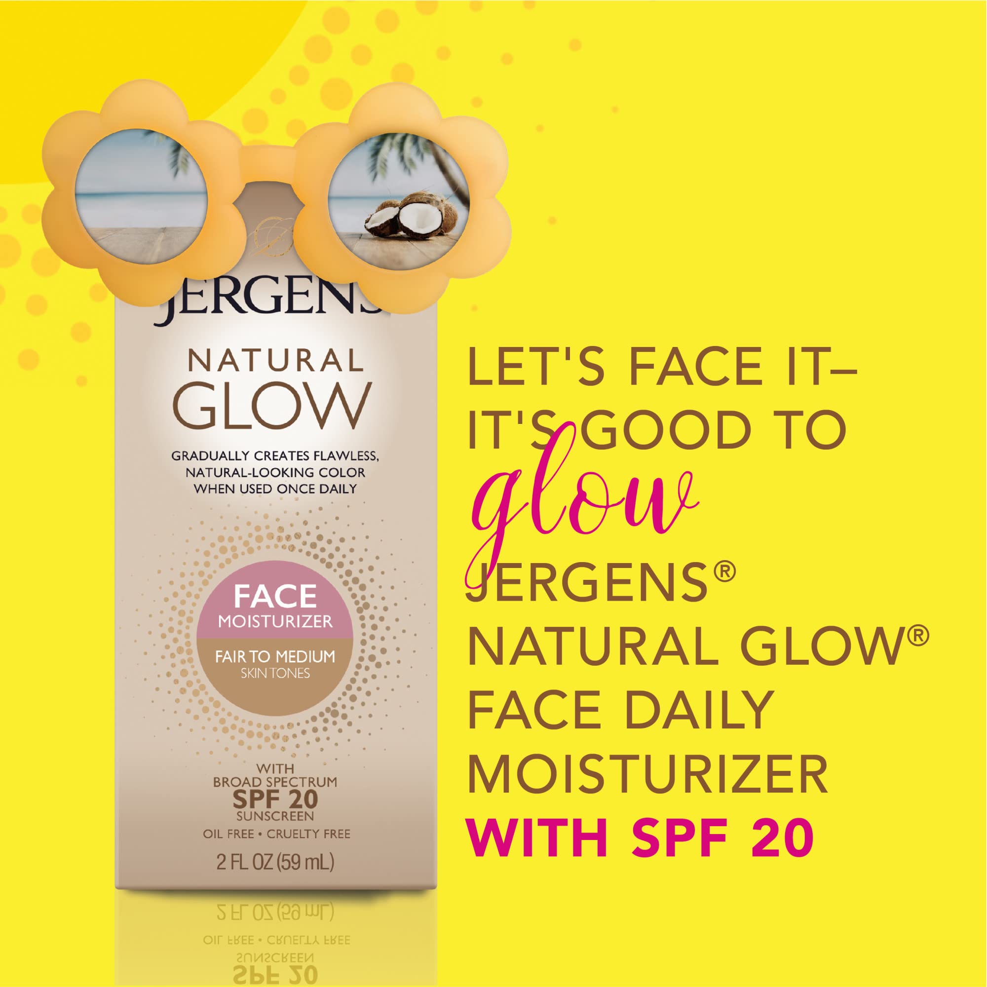 Jergens Natural Glow Face Self Tanner Lotion SPF 20, Fair To Medium, 2 oz | Sunless Tanning, Daily Facial Sunscreen, Oil Free Formula, Broad Spectrum UVA/UVB Protection, Gradual Color Development
