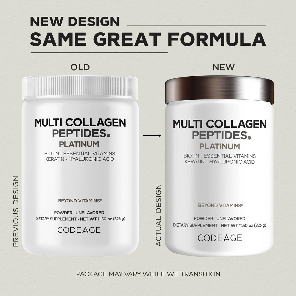 Codeage Multi Collagen Powder, Biotin 10000mcg, Keratin, Unflavored, 11 oz | NSF Certified - Multi collagen peptides, 5 types with biotin 10,000 mcg, keratin and hyaluronic acid, for women and men.