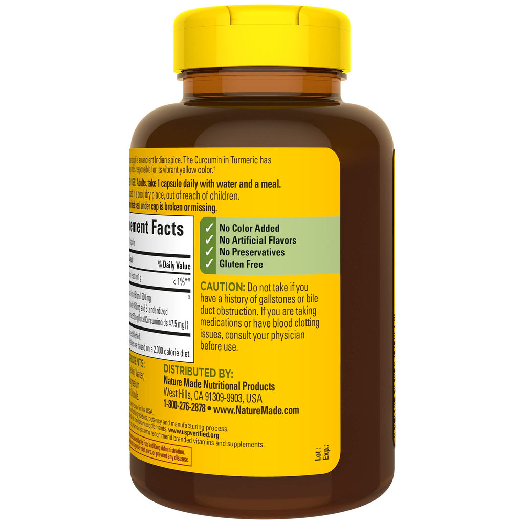 Nature Made Turmeric Curcumin 500 mg, Herbal Supplements, 120 Capsules | Turmeric Curcumin Supplement for Antioxidant Support, Gluten Free, 120 Day Supply