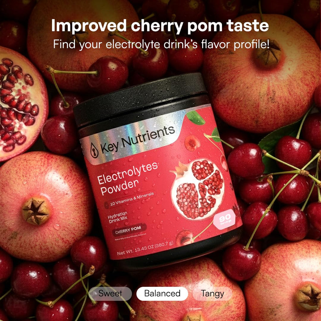 KEY NUTRIENTS Potassium Multivitamin Electrolytes, Cherry Pom, 90 Servings | Multivitamin Electrolytes Powder, Sweet Cherry Pom, Sugar Free, Sodium & Potassium Supplement, No Calories, Made in USA