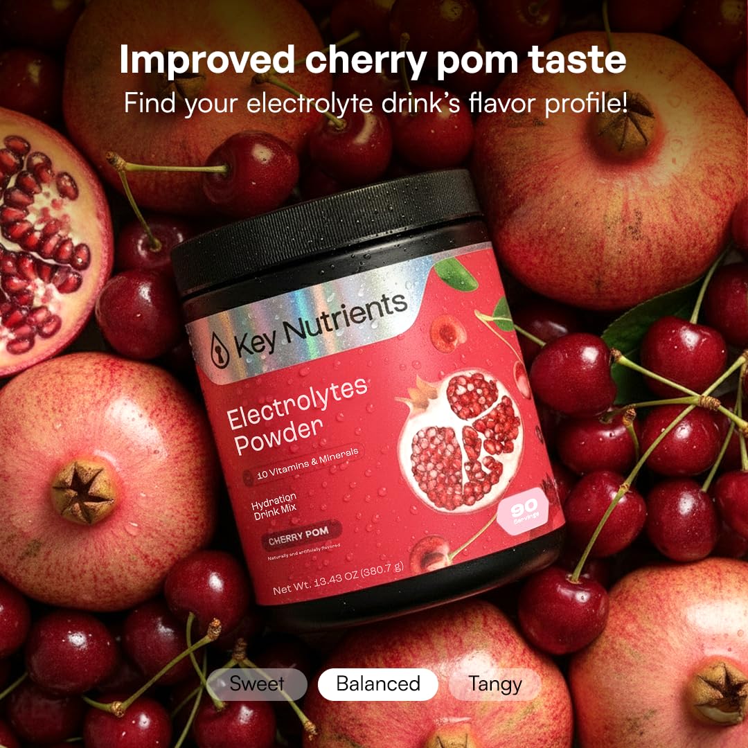 KEY NUTRIENTS Potassium Multivitamin Electrolytes, Cherry Pom, 90 Servings | Multivitamin Electrolytes Powder, Sweet Cherry Pom, Sugar Free, Sodium & Potassium Supplement, No Calories, Made in USA
