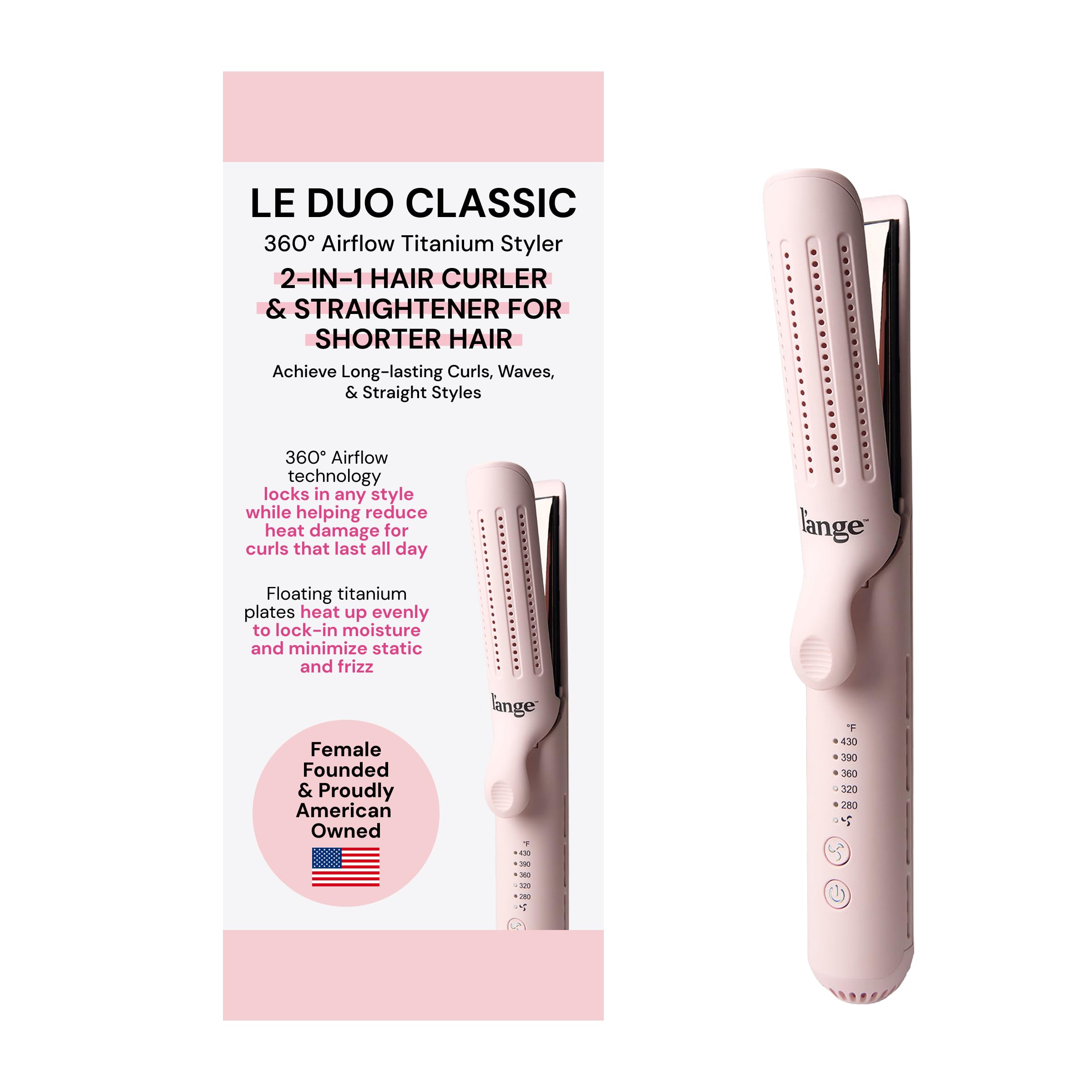 L'ANGE HAIR Le Duo Grande 360° Airflow Styler | Curl & Straighten with One Tool | 5.3" Snag-Free Titanium Plates | Cooling Air Vents to Set Curls | Adjustable Temp & Auto Shut-Off | Blush