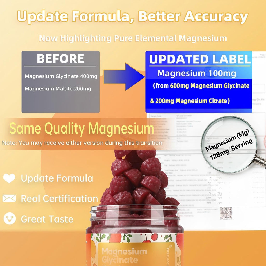 DREAVIO 600mg Magnesium Glycinate Gummies, Sugar Free, 90 Count | Provides 100mg Elemental Magnesium from Magnesium Glycinate & Citrate, with Zinc & Ashwagandha, Cherry Flavor Vegan Gummies