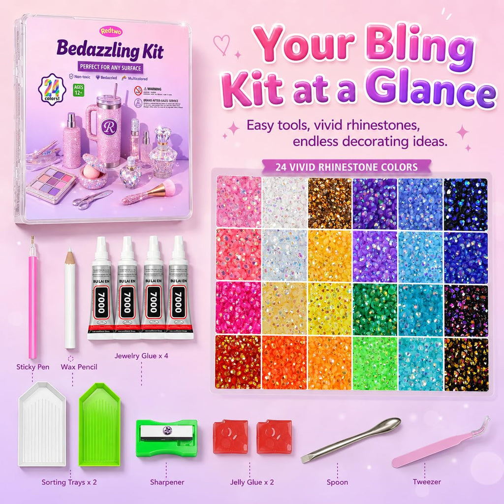 Redtwo 4mm 20000Pcs Bedazzling Kit with Rhinestones | 24 Colors Flatback Rhinestones, 4Pcs 10ml Jewelry Glue and Tools for Clothes, Books, Shoes and Crafts