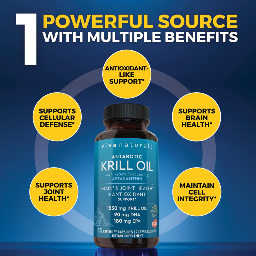 Viva Naturals Antarctic Krill Oil Omega 3 Supplements 1250 mg - DHA EPA Omega-3 & Astaxanthin Concentration for Joint Health, No Fish Burp - 60 Krill Oil Capsules