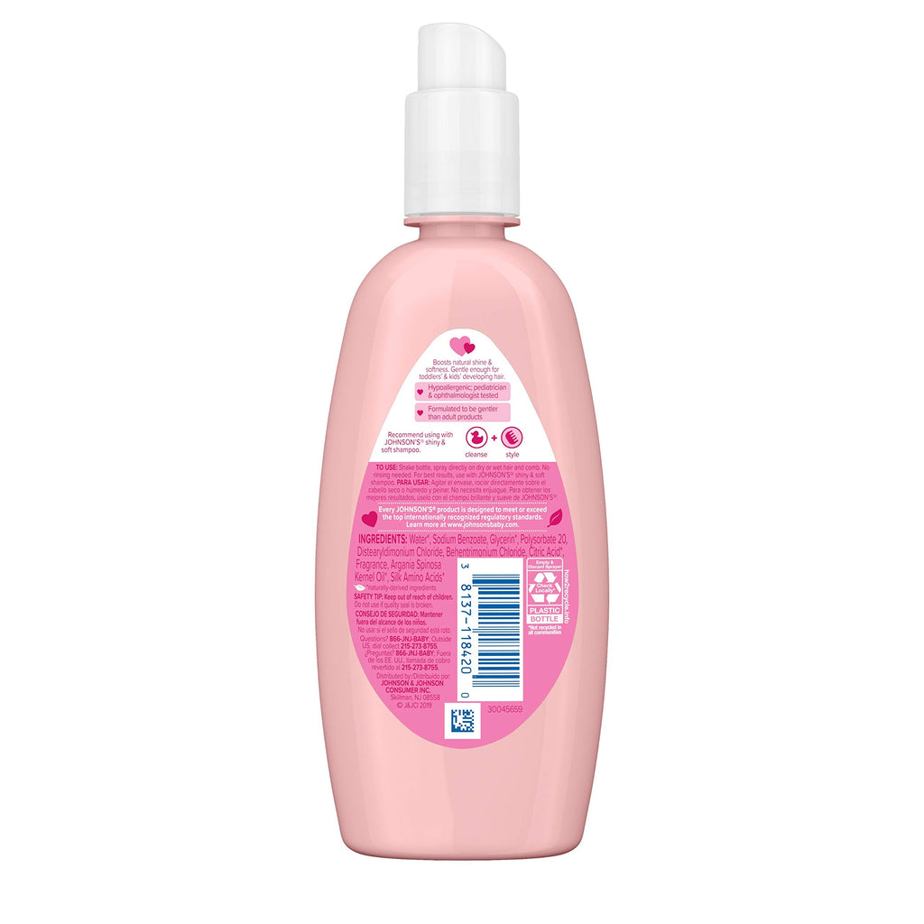 Johnson's Kids Shiny & Soft Hair Conditioning Spray with Argan Oil & Silk Proteins, Tear-Free Conditioning Spray for Shine & Softness, Gentle for Toddler Haircare, 10 fl. oz (Pack of 2)