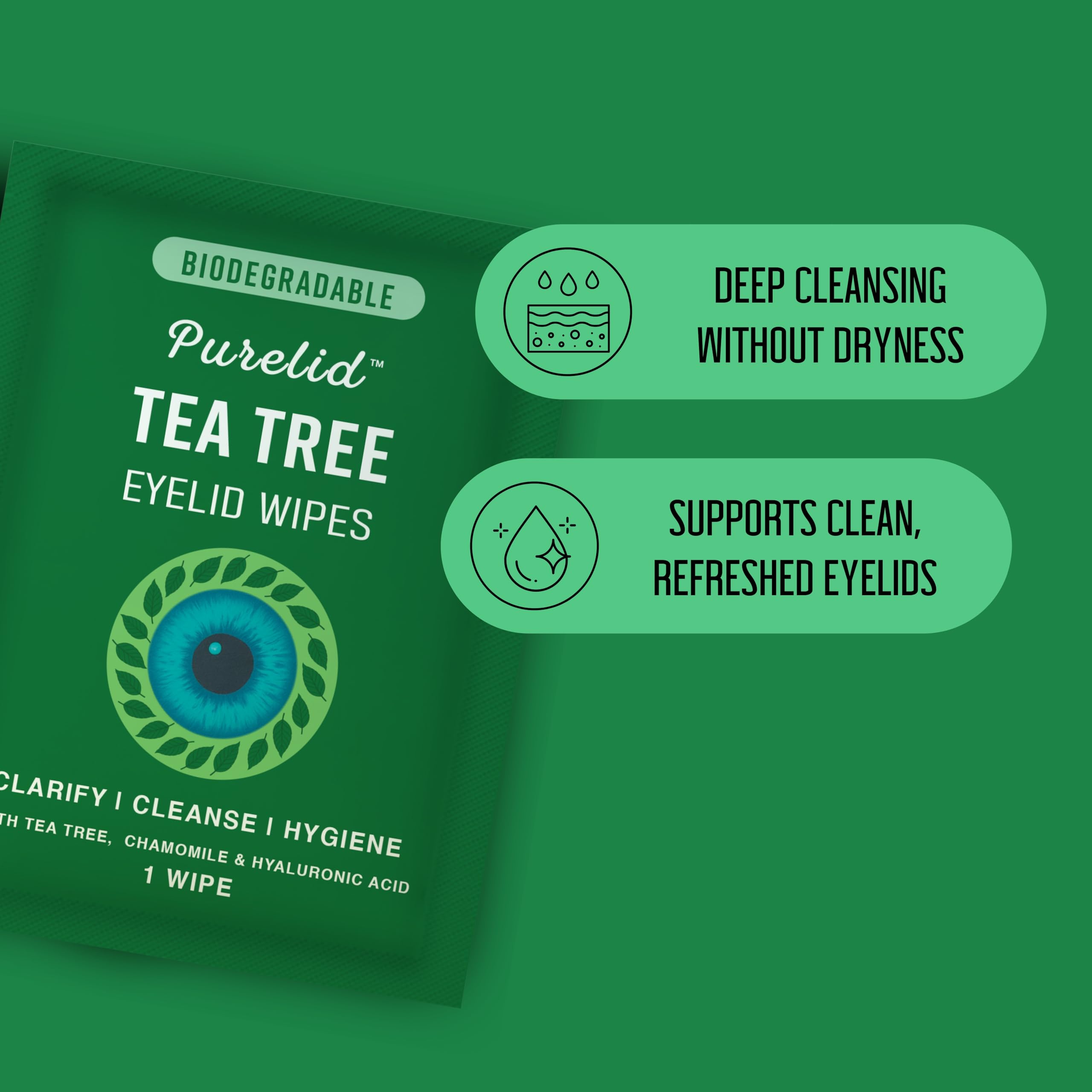 100PCs Tea Tree Eyelid Wipes – Cleaning Eye Wipes for People with Dry Eyes & Allergies – Gentle Eyelid Cleanser with Hyaluronic Acid, Chamomile and Aloe – Individually Wrapped & Biodegradable