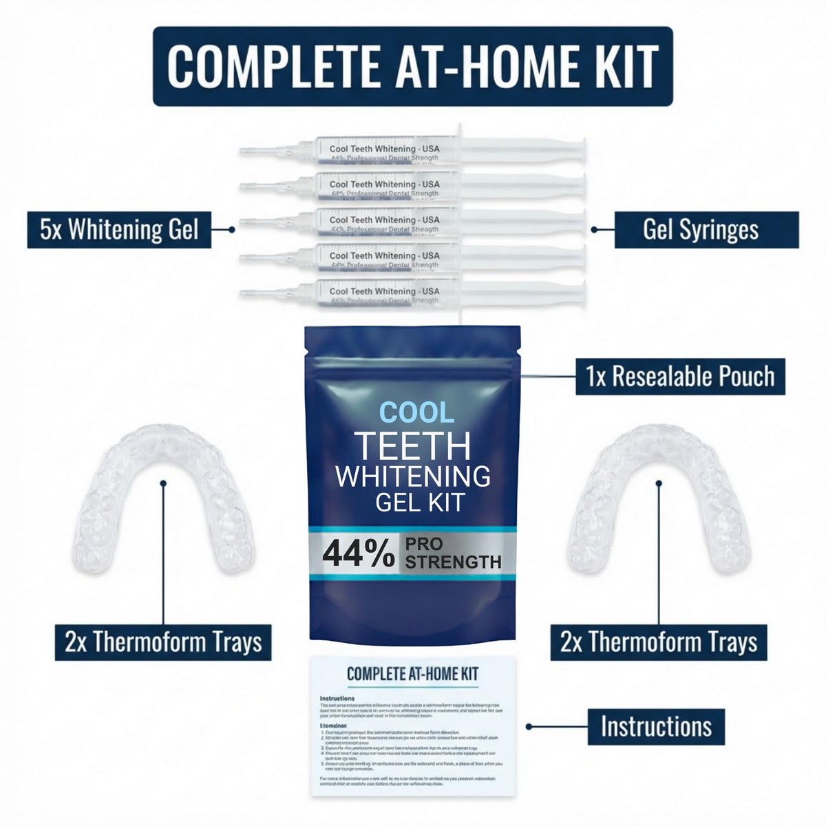 Teeth Whitening Gel with Trays 44% Carbamide Peroxide 5 Syringes - 50+ Uses