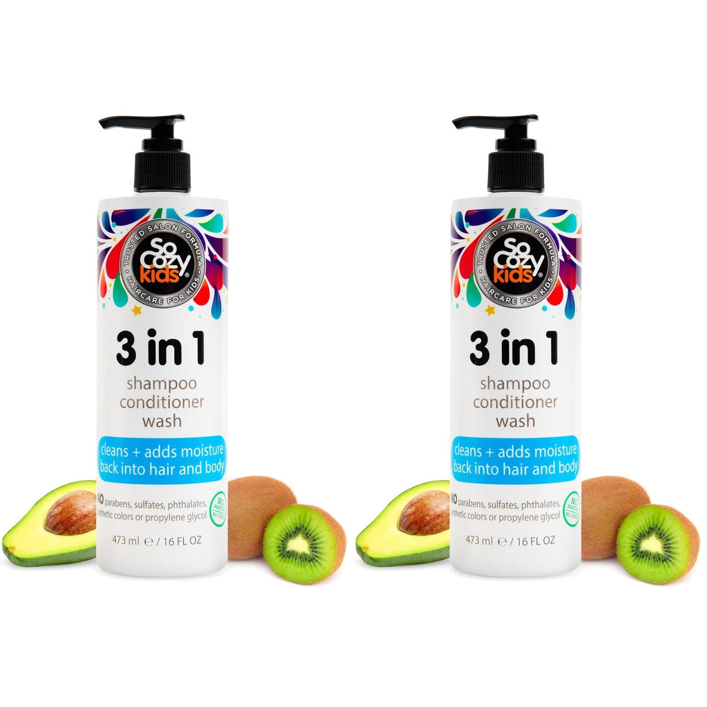 SoCozy 3 in 1 Kids Shampoo + Conditioner + Body Wash (16 Fl Oz) Gentle, Hydrating Hair & Body Cleanser with Keratin, Vitamin B5, & Kiwi Extract, Paraben & Sulfate-Free